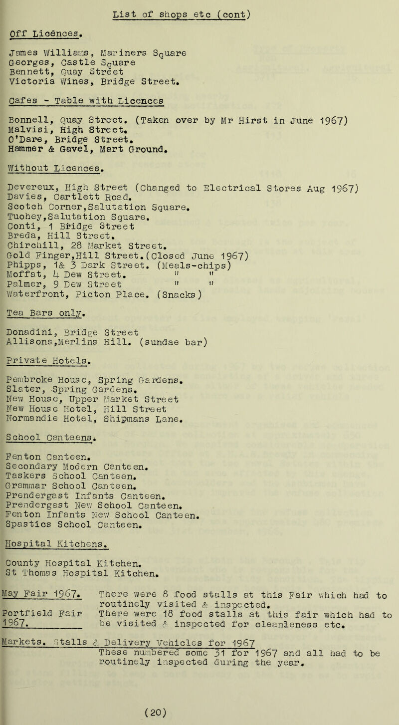 Off Licences James Williams, Mariners Square Georges, Castle Souare Bennett, Quay Street Victoria Wines, Bridge Street* Cafes - Table with Licences Bonnell, Quay Street. (Taken over by Mr Hirst in June 1967) Malvisi, High Street* O^Dare, Bridge Street, Hammer & Gavel, Mart Ground. Without Licences, Devereux, High Street (Changed to Electrical Stores Aug 1967) Davies, Cartlett Road. Scotch Corner,Salutation Square, Tuohey,Salutation Square. Conti, 1 Bridge Street Breda, Hill Street, Chirchill, 28 Market Street, Gold Finger,Hill Street,(Closed June I967) Phipps, 1& 3 Dark Street, (Meals-chips) Moffat, U Dew Street, ”  Palmer, 9 Dew Street ” ” Waterfront, picton Place, (Snacks) Tea Bars only. Donadini, Bridge Street Allisons,Merlins Hill, (sundae bar) Private Hotels. Pembroke House, Spring Gardens, Slater, Spring Gardens, New House, Upper Market Street New House Hotel, Hill Street Normandie Hotel, Shipmans Lane. School Canteens* Fenton Canteen. Secondary Modern Canteen. Taskers School Canteen, Grammar School Canteen, Prendergast Infants Canteen, Prendergast New School Canteen, Fenton Infants New School Canteen, Spastics School Canteen, Hospital Kitchens, County Hospital Kitchen, St Thomas Hospital Kitchen. May Fair 19o7> There were 8 food stalls at this Fair which had to routinely visited & inspected, Portfield Pair There were 18 food stalls at this fair which had to ^ 967. be visited A inspected for cleanieness etc. Markets. Stalls A Delivery Vehicles for 1967 These numbered some 31 for 19^7 and all had to be routinely inspected during the year. (20)