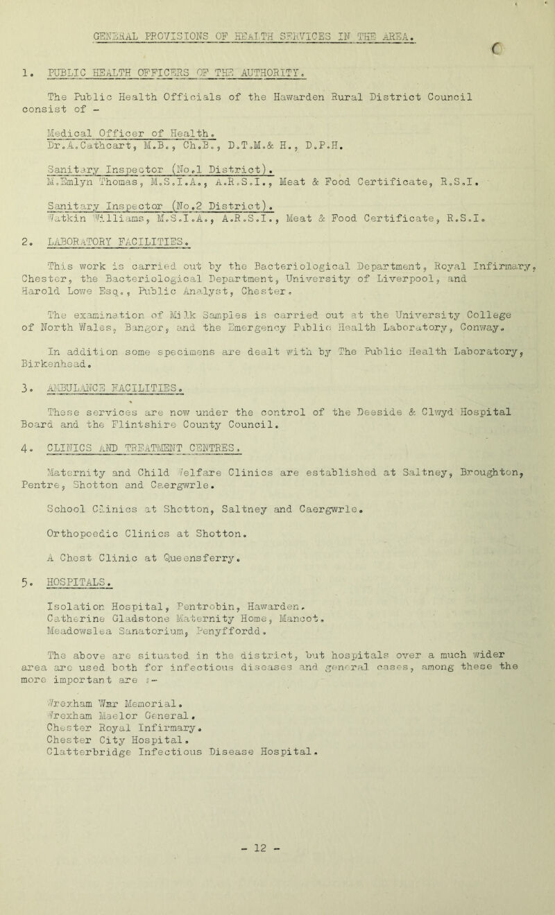 r GE5;Si_RAL PROVISIONS OP KGaLTH SPKVICES IN THE iiEEA 1« PNBLIC HEALTH OFFICERS OP TEE AUTHORITY. The Public Health Officials of the HaY\?arden Sural Pistrict Council consist of - Medical Officer of Health»_ ljr^A.oCathcart5 MoB« , ChoB„, DoT„Mo&Hoo D„PoH. Sanitary Inspector (Nod District). IvLEmlyn Thomas, MoSoIoA.,, AoR = SoI., Meat Sc- Food Certificate, RoSoI. Sanitary Inspector (No,2 District), ^fatkin ’’.i'illiams, MoSoIoAo, AoRoSdo, Meat & Pood Certificate, RcS,Io 2o LIlBORaTORY FACILITIES c This work is carried out by the Bacteriological Department, Royal Infirmary Chester, the Bacteriological Department, University of Liverpool, and Harold Lovje Espo , Riblic Analyst, Chester, The examination of Milk Samples is carried out at the University College of North Wales, Bangor, and the Emergency Public Health Laboratory, Conway- In addition some specimens are dealt with by The Public Health Laboratory, Birkenheado 3o AJH3UL.ANCE FACILITIES- These services are novv under the control of the Deeside & Clwyd Hospital Board and the Flintshire County Council- 4“ CLINICS and treatment CENTRES- Maternity and Child Welfare Clinics are established at Saltney, Broughton, Pentre, Shotton and Ce,ergwrle. School Clinics at Shotton, Saltney and Caergwrle, Orthopoedic Clinics at Shotton. A Chest Clinic at Queensferry. 5. HOSPITALS. Isolation Hospital, Pentrobin, Hawarden. Catherine Gladstone Mia'ternity Home, Mancot, Meadowslea Sanatorium, Penyffordd, The above are situated in the district, but hospitals over a much wider a,reci are used both for infectious disoases and general cases, among these the more important are Wrexham War Memorial. '■'/rexham Ma.elor General. Chester Royal Infirmary. Chester City Hospital. Clatterbridge Infectious Disease Hospital,
