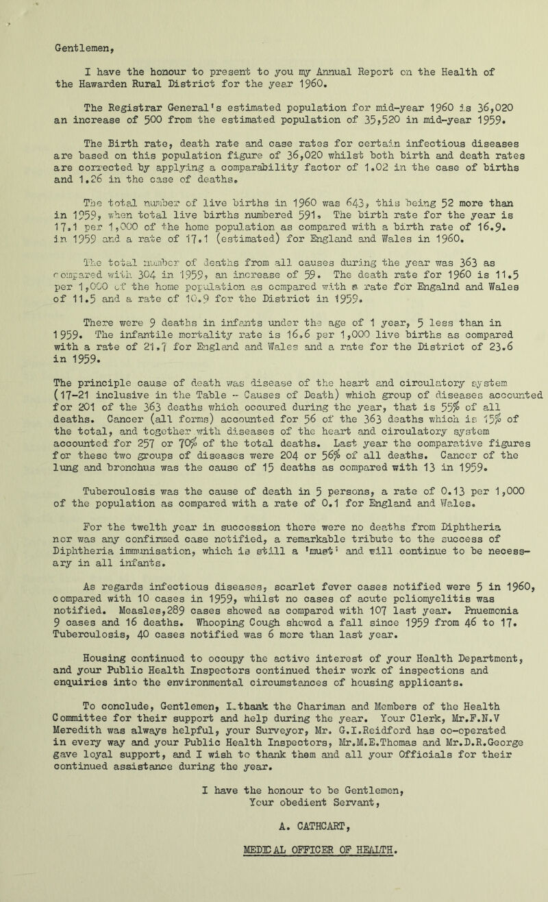 Gentlemen, I have the honour to present to you my Annual Report on the Health of the Hawarden Rural District for the year I96O, The Registrar General's estimated population for mid-year I96O is 36,020 an increase of 500 from the estimated population of 35?520 in mid-year 1959* The Birth rate, death rate and case rates for certain infectious diseases are Based on this population figure of 36,020 whilst Both Birth and death rates are corrected By applying a comparability factor of 1.02 in the case of Births and 1,26 in the case of deaths. The totaJ nuraber of live Births in 196O v;as 643, this Being 52 more than in 1959? when total live Births momBered 591» The Birth rate for the year is 17.1 per 1,000 of the home population as compared v;ith a Birth rate of 16.9. in 1959 and a rate of 17«1 (estimated) for England and Wales in I960, The total iiumBer of deaths from all causes during the year was 363 as roinpared with 304 in 1959? an increase of 59* The death rate for i960 is 11.5 per 1,000 of the home pofulation as compared with & rate for Engalnd and Wales of 11.5 and a rate of 10.9 for the District in 1959* There were 9 deaths in infants under the age of 1 year, 5 less than in 1959* The infantile mortality rate is l6,6 per 1,000 live Births as compared with a rate of 21,7 for England and Wales and a rate for the District of 23.6 in 1959. The principle cause of death was disease of the heart and circulatory system (l7“21 inclusive in the Table - Causes of Death) which group of diseases accounted for 201 of the 363 deaths v/hich occured during the year, that is 55^ of all deaths. Cancer (all forms) accounted for 56 of the 363 deaths which is 15^ of the total, and together wdth diseases of the heart and circulatory system accoimted for 257 or 70^ of the total deaths. Last year the comparative figures for these two groups of diseases v/ere 204 or 56^ of all deaths. Cancer of the lung and Bronchus was the cause of 15 deaths as compared with 13 in 1959« Tuberculosis was the cause of death in 5 persons, a rate of 0.13 per 1,000 of the population as compared with a rate of 0,1 for England and Vfeles, For the twelth year in succession there were no deaths from Diphtheria nor was any confirmed case notified, a remarkable tribute to the success of Diphtheria immuinisation, which, is still a 'rauet' and will continue to Be necess- ary in all infants. As regards infectious diseases, scarlet fever cases notified were 5 in 1960, compared with 10 cases in 1959, whilst no cases of acute poliomyelitis was notified. Measles,289 cases showed as compared with IO7 last year, Pnuemonia 9 cases and 16 deaths. Whooping Cough showed a fall since 1959 from 46 to 17* Tuberculosis, 40 cases notified was 6 more than last year. Housing continued to occupy the active interest of your Health Department, and your Public Health Inspectors continued their work of inspections and enq.uiries into the environmental circumstances of housing applicants. To conclude. Gentlemen, I,thank the Chariman and Members of the Health Committee for their support and help during the year. Your Clerk, Mr.F.N.V Meredith v/as always helpful, your Surveyor, Mr, G.I.Reidford has co-operated in every way and your Public Health Inspectors, Mr.M.E.Thomas and Mr.D.R.George gave loyal support, and I wish to thank them and all your Officials for their continued assistance during the year, I have the honour to Be Gentlemen, Your obedient Seivant, A. CATHCAET, MED3DAL OFFICER OF HE/iLTH.