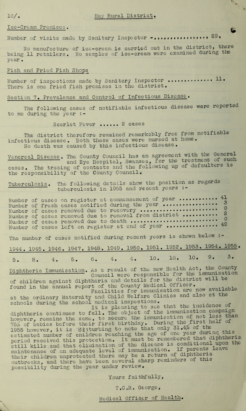 Ice-Cream Premises. ^ W Number of visits made by Sanitary Inspector No manufacture of ice-cream is carried out in the district, th^e being 11 retailers• No samples of ice-cream were examined during the year . Fish and Fried Fish Shops Number of inspections made by Sanitary Inspector There is one fried fish premises in the district. Section 7. Prevalence and Control of Infectious Disease. The following cases of notifiable infectious disease were reported to me during the year i- Scarlet Fever ...... 2 cases The district therefore remained remarkably free from notifiable infectious disease. Both these cases were nursed at home. No death was caused by this infectious disease. Venereal Disease. The County Council has an agreement with the General and Eye Hospital, Swansea, for the treatment of such cases. The tracing of contacts and the following up of defaulters is the responsibility of the County Council. Tuberculosis. The following details show the position as regards tuberculosis in 1955 and recent years i- Number of cases on register at commencement of year Number of fresh cases notified during the year ^ Number of cases removed due to recovery ^ Number of cases removed due to removal from district Number of cases removed due to death Number of cases left on register at end of year The number of cases notified during recent years is shown below 1944. 1945. 1946. 1947. 1948. 1949. 1950. 1951. 1952. 1955. 1954. 19_^* 5 . 8. 4. 5 . 6. 4. 4. 10. 10. 10. 9. 3. Diphtheria Immunisation. As a result of the new_ Health Act, Council were responsible for the immunisation of children against diphtheria and details for the district will be found in the annual report of the County Medical Officer. Facilities for immunisation are now available at the ordinary Maternity and Child Welfare Clinics and also at the schools during the school medical inspections. . ^ n-p It is pleasing to see that the incidence of diphtheria continues to fall. The object of the irmiunisation campaign however, remains the same, to secure the immunisation of not less than 75/0 of babies before their first birthday. During the first half 1 1955 however, it is Curbing to note that only 31.4/o ot the estimated number of children reaching the age of one . period received this protection. It must be remembered that diphthcr still kills and that elimination of the disease is conditional upon maintenance of an adequate level of immunisation. their children unprotected there may be a return_of diphtheria outbreaks, and there have been several sharp reminders of this possibility during the year under review. Yours faithfully. T.C.R. George, Medical Officer of Health.