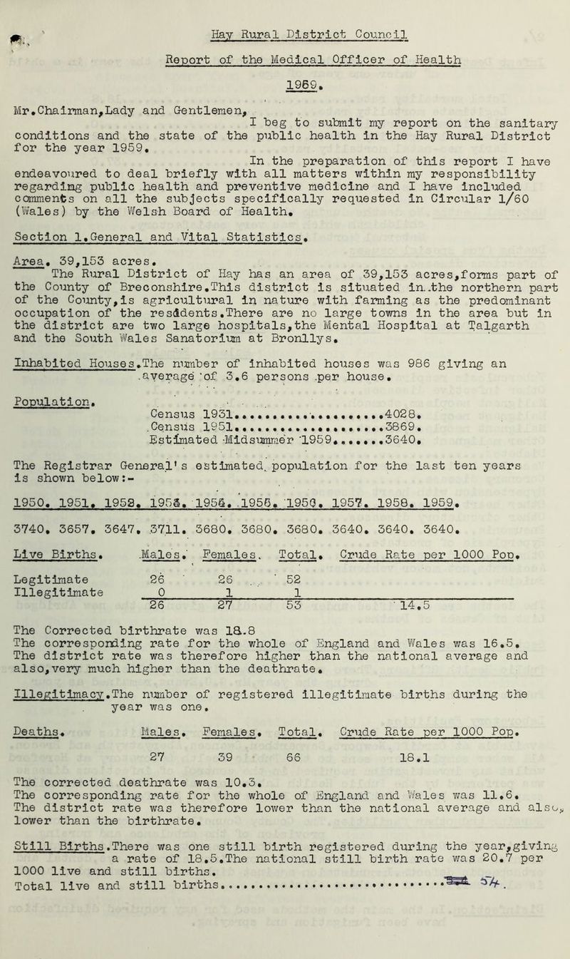 Report of the Medical Officer of Health 1969, Mr•Chairman,Lady and Gentlemen, I Leg to sutmlt my report on the sanitary conditions and the state of the public health in the Hay Rural District for the year 1959. In the preparation of this report I have endeavoured to deal briefly with all matters within my responsibility regarding public health and preventive medicine and I have Inclioded comments on all the subjects specifically requested in Circular l/60 (Wales) by the Welsh Board of Health. Section 1.General and Vital Statistics. Area. 39,153 acres. The Rural District of Hay has an area of 39,153 acres,forms part of the County of Breconshire.This district is situated in..the northern part of the County,is agricultural in nature with farming as the predominant occupation of the residents.There are no large towns in the area but in the district are two large hospitals,the Mental Hospital at Talgarth and the South Wales Sanatorim at Bronllys. Inhabited Houses.The number of inhabited houses was 986 giving an .average ‘of 3.6 persons .per house. Population. Census 1931. .4028. .Census 1951..3869. Estimated -Mldsunimer '1959. ......3640. The Registrar General’s estimated^ population for the last ten years is shown below:- 1950. 1951. 1952. 1953. 1954. ,1956. 1950. 1957. 1958. 1959. 3740. 3657. 3647. .3711. 3680. 3680. 3680. 3640. 3640. 3640. Live Births. ■Males. Females. Total. Crude Rate per 1000 Pop. Legitimate 26 26 ■ 52 Illegitimate 0 1 1 26 27 53 • 14.5 The Corrected birthrate was 18..8 The corresponding rate for the whole of England and Wales was 16.5. The district rate was therefore higher than the national average and also,very much higher than the deathrate. Illepiltimacy.The number of registered illegitimate births during the year was one. Deaths. Males. Females. Total. Crude Rate per 1000 Pop. 27 39 66 18.1 The corrected deathrate was 10.3. The corresponding rate for the whole of England and Wales v;as 11.6. The district rate was therefore lower than the national average and also^ lower than the birthrate. Still Births.There was one still birth registered during the year,giving a rate of 18.5.The national still birth rate v/as 20.7 per 1000 live and still births. Total live and still births .