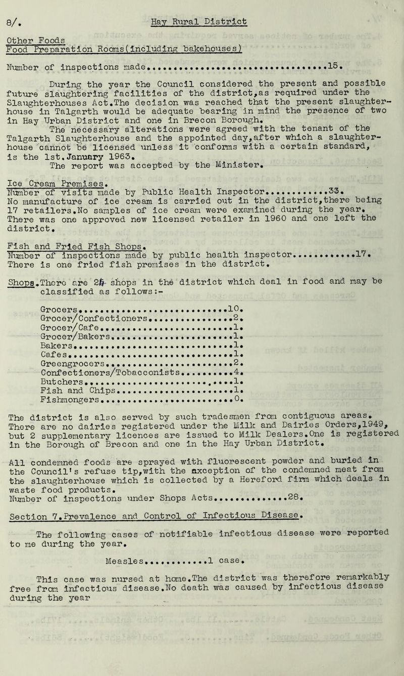 Other Foods Food Preparation Rooms(Including bakehouses) Niunber of inspections made*••••4•«•••••••••••••«••••«•••••• During the year the Coimcil considered the present and possible future slaughtering facilities of the district,as required under the Slaughterhouses Act#The decision was reached that the present slaughter- house in Talgarth would be adequate bearing in mind the presence of two in Hay Urban District and one in Brecon Borough. The necessary alterations were agreed with the tenant of the Talgarth Slaughterhouse and the appointed day,after which a slaughter- house cannot be licensed unless it conforms with a certain standard, is the 1st.January 1963. The report was accepted by the Minister. Ice Cream Premises. Number of visits made by Public Health Inspector.. ..33. No manufacture of ice cream is carried out in the district,there being 17 retailers.No samples of ice cream were examined during the year. There was one approved new licensed retailer in 1960 and one left the district. Fish and Fried Fish Shops. Number of inspections made by public health Inspector.17. There is one fried fish premises in the district. Shops.There are 26 shops in the district which deal in food and may be classified as follows Grocers.10. Grocer/Confectloners,......B. Grocer/ Cafe ...1. Grocer/Bakers. 1. Bakers. . .1* Cafes.1« Greengrocers. ,.••••• 2. Confectioners/Tobacconists..........4. Butchers ......1. Fish and Chips •••••..I. Fishmongers .......0. The district is also served by such tradesmen from contiguous areas. There are no dairies registered under the Milk and Dairies Orders,1949, but 2 supplementary licences are issued, to Milk Dealers.One is registered in the Borough of Brecon and one in the Hay Urban District. All condemned foods are sprayed with fluorescent powder and buried In the Council’s refuse tip,with the axception of the condemned meat from the slaughterhouse which is collected by a Hereford firm which deals in waste food products. Number of Inspections under Shops Acts,.28. Section 7.Prevalence and Control of Infectious Disease. The following cases of notifiable Infectious disease were reported to me during the year. Measles..1 case. This case was nursed at home.The district was therefore remarkably free from infectious disease.No death was caused by Infectious disease during the year