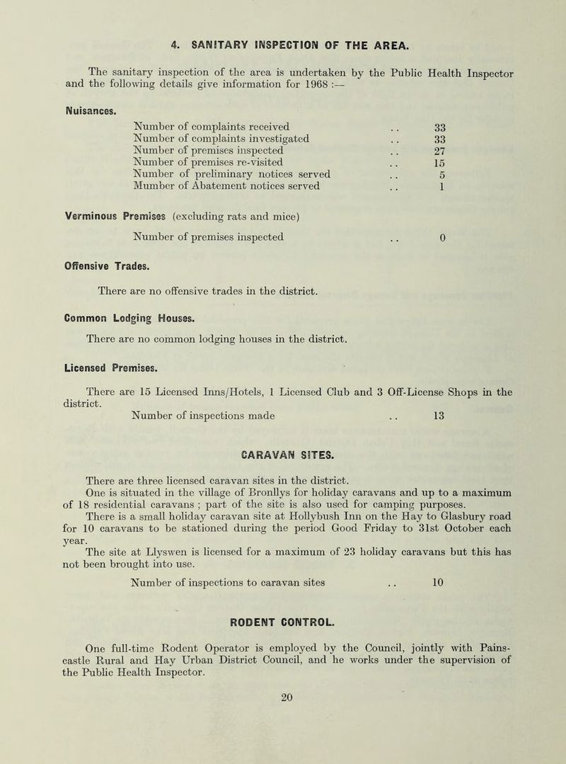 4. SANITARY INSPECTION OF THE AREA. The sanitary inspection of the area is undertaken by the Public Health Inspector and the following details give information for 1968 :— Nuisances. Number of complaints received Number of complaints investigated Number of premises inspected Number of premises re-visited Number of preliminary notices served Mumber of Abatement notices served Verminous Premises (excluding rats and mice) Number of premises inspected .. 0 Offensive Trades. There are no offensive trades in the district. Common Lodging Houses. There are no common lodging houses in the district. Licensed Premises. There are 15 Licensed Inns/Hotels, 1 Licensed Club and 3 Off-License Shops in the district. Number of inspections made .. 13 33 33 27 15 5 1 CARAVAN SITES. There are three licensed caravan sites in the district. One is situated in the village of BronUys for holiday caravans and up to a maximum of 18 residential caravans ; part of the site is also used for camping purposes. There is a small holiday caravan site at Hollybush Inn on the Hay to Glasbury road for 10 caravans to be stationed during the period Good Friday to 31st October each year. The site at Llyswen is licensed for a maximum of 23 holiday caravans but this has not been brought into use. Number of inspections to caravan sites .. 10 RODENT CONTROL. One full-time Rodent Operator is employed by the Council, jointly with Pains- castle Rural and Hay Urban District Council, and he works under the supervision of the Public Health Inspector.
