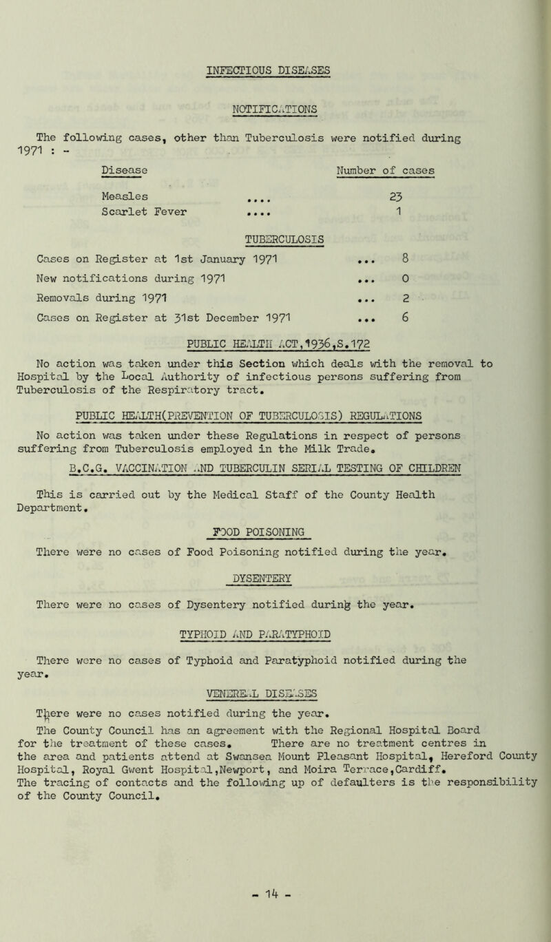 INFECTIOUS DISEASES NOTIFICATIONS The following cases, other than Tuberculosis were notified during 1971 : “ Disease Number of cases Measles ,,,. 23 Scarlet Fever .... 1 TUBSHCULOSIS Cases on Register at 1st January 1971 ••• S New notifications during 1971 0 Removals during 1971 ... 2 Cases on Register at 31st December 1971 ••• 6 PUBLIC hb;j.th act, 1936,s. 172 No action was taken imder this Section which deals with the removal to Hospital by the Local Authority of infectious persons suffering from Tuberculosis of the Respiratory tract, PUBLIC HE;1.TH(PREVENTION OF TUBERCULOSIS) REGULiiTIONS No action was taken under these Regulations in respect of persons suffering from Tuberculosis employed in the Milk Trade, B.C.G. VACCINATION ..ND TUBERCULIN SERIAL TESTING OF CHILDREN This is carried out by the Medical Staff of the County Health Department• yCQD POISONING There v/ere no cases of Food Poisoning notified diiring the year. DYSENTERY There were no cases of Dysentery notified during the year. TYPHOID AND PAH^iTYPHOID There were no cases of Typhoid and Paratyphoid notified during the year. VENERKX DISEL'^SES T^ere were no cases notified during the year. The County Council has an agreement with the Regional Hospital Board for the treatment of these cases. There are no treatment centres in the area and patients attend at Swansea Mount Pleasant Hospital, Hereford County Hospital, Royal Gwent Hospita.1,Newport, and Moira Terrace,Cardiff, The tracing of conta.cts and the following up of defaulters is tie responsibility of the County Council,