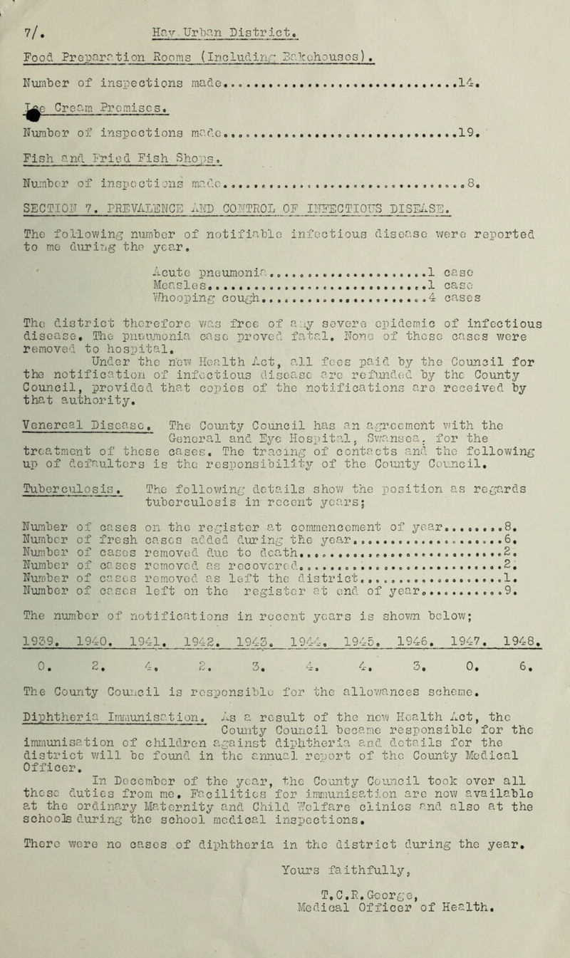 Food Prepara tion Rooms {Inoludinr: BalechouGos) , Nuiiiber of inspections made..o 14:, ^0 Creavin P3?cmiscs, Number of inspections madco.o. *,19, Fish and Fried Fish Shops, Number of inspections made.,. 9 « 0 o « e 8, SECTION 7. prevalence HNI) CONTROL OF INFECTIOUS FISFhSE. The foliovving number of notifiable infectious disease were reported to me during the year. heuto pneumonia 1 case Measles, •...,,,1 case Whooping cough,.4 oases The district therefore was free of any severe epidemic of infectious disease. The pnoujiionia case proved fatal. None of these cases were removed to hospital. Under the hew Health Act, aj.l fees paid by the Council for the notification of infectious disease are refunded by the County Council, provided that copies of the notifications are received by that authority. Venereal Disease, The County Council has an agreement with the Cencral and Eye Hospital, Gwansoa, for the treatment of these cases. The tracing of contacts and the following up of defaulters is the responsibility of the County Council, Tuberculosis. The follov/ing details show the position as regards tuberculosis in recent years; Number of cases on the register at commencement of year .,.8, Number of fresh cases added during the year 6, Number of cases removed due to dearth, *S, Number of cases removed as recovored. ....2, Number of cases removed as left the district, ,1. Number of cases left on the register at end of year, .9. The number of notifications in recent years is shown below; 19Z>9, 1940, 1941, 1942. 1943. 1944, 1945, 1946, 1947. 1948. 0, 2, 4, 2, 3, 4, 4, 3, 0, 6, The County Council is responsible for the allov/ances scheme. Plphtheria Imiaunisation. As a result of the now Health Act, the County Council became responsible for the imrnuniSection of children against diphtheria and details for the district will be found in tho aimual report of the County Medical Officer, In hGcombcr of the year, the County Council took over all those duties from me. Facilities for immunisation are now available at the ordinary Maternity and Child Welfare clinics and also at the schools during the school medical inspections. There were no cases of diphtheria in the district during the year. Yours faithfully, T,C.F,George, Medical Officer of Health,