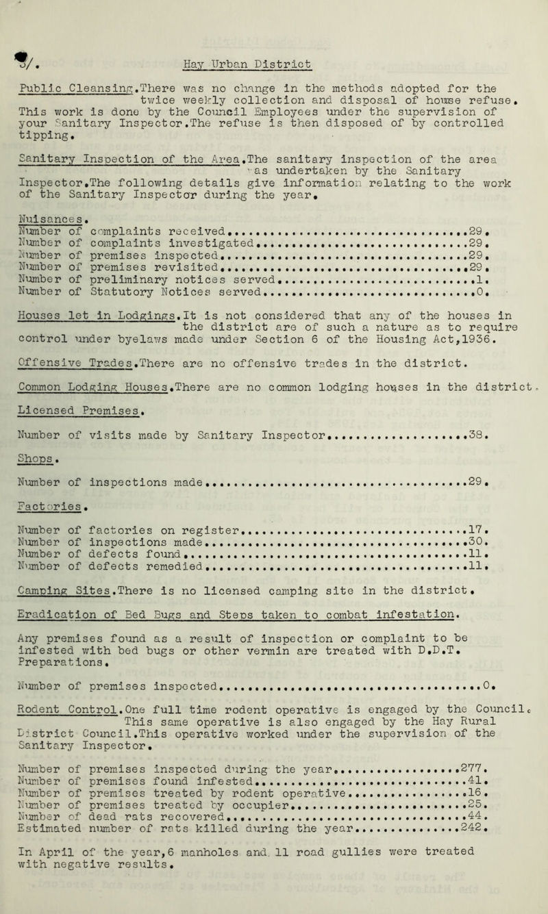 Public Cleansing:.There was no change In the methods adopted for the twice weekly collection and disposal of hotase refuse. This work is done by the Council Employees under the supervision of your Sanitary Inspect or.The refuse is then disposed of by controlled tipping. Sanitary Inspection of the Area,The sanitary inspection of the area 'as undertaken by the Sanitary Inspector.The following details give Information relating to the work of the Sanitary Inspector during the year. Nuisances. Number of complaints received, ..29, Niomber of complaints investigated,,..,,,,,,,,,,, ....,,,,.,29, Number of premises inspected,.,, 29, Niamber of premises revisited,,,,,,,,,, ,,29, Number of preliminary notices served 1, Number of Statutory Notices served,,.,, 0, Houses let in Lodgings,It is not considered that any of the houses in the district are of such a nature as to require control under byelaws made under Section 6 of the Housing Act,1936. Offensive Trades,There are no offensive trades in the district. Common Lodging Houses,There are no common lodging houses in the district Licensed Premises, Number of visits made by Sanitary Inspector ,38, Shops, Number of inspections made,, 29, Fact orles, Number of factories on register 17, Number of inspections made,,,..,., ,,,,30. Number of defects found ,,,,,,...11, Nimiber of defects remedied ..,11, Camping Sites.There is no licensed camping site in the district. Eradication of Bed Bugs and Steps taken to combat infestation. Any premises found as a result of inspection or complaint to be infested with bed bugs or other vermin are treated with D,D,T, Preparations, Niamber of premises inspected,...,, 0, Rodent Control.One full time rodent operative is engaged by the Councilc This same operative is also engaged by the Hay Rural Lr.strict Council,This operative worked under the supervision of the Sanitary Inspector, Number of premises inspected during the year,,,, ...,,277, Number of premises found infested .........41, Number of premises treated by rodent operative,,,., 16, Number of premises treated by occupier, .,,. ,25, Nimiber of dead rats recovered,,, 44. Estimated number of rats killed during the year 242, In April of the year,6 manholes and. 11 road gullies were treated with negative results.