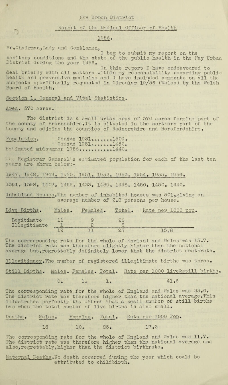 Jif-Y_ Dls 1ct Report o± the Medical Officer of HeaJ.th ; 1956, Mr.Chairman,Lady and Qe nt1emen, I beg to submit ny report on the sanitary conditions and the state of the public health in the Fay Urban District during the year 1956, In this report I have endeavoured to deal briefly v/lth all matters within my responsibility regarding public health and preventive medicine and I have included coanenfes on all th subjects specifically requested in Circular 19/56 (Vi/ales) by the Weis Section 1, General and Vital Statistics, Area. 370 acres. The district is a small urban area of 370 acres forming part of the county of Breconshire.lt is situated in the northern part of the C(.vanty and adjoins the counties of Radnorshire and Herefordshire. Population. Census 1931 1509 , Census 1951*.,...,1452. Estimated midsurmTier 1956 q ,, 1440, In.. Registrar General's estimated population for each of the last ten years are shown belows- 19470 1948a 1949, 1950. 1951, 1952. 1953o 1954, 1955. 1956e 1361, 1398o 1407. 1455o 1433, 1439, 1448. 1450, 1450. 1440. Inhabited Houses.The number of inhabited houses was 501,giving an average number of 2,8 persons per house. Live Births, Males, Females. Total, Rate per 1000 pop. Legitimate 11 9 20 Illegitimate 1 2 3 The corresponding rate for the whole of England and Wales was 15,7, The district rate was therefore slightly higher than the national average but,regrettably definitely lower that the district deathrate. Illegitimacy.The number of registered illegitimate births was three. Still Births, Males, Females« Total, Rate per 1000 llve&stlll births, 0. 1, 1. 41,6 The corresponding rate for the whole of England and Wales was 23,0, The district rate was therefore higher than the national average,This illustrates perfectly the offoot that a snail number of still births has v;hen the total number of live births is also small. Deaths. Male s, Female s, Total, Rate per 1000 Pop, 15 10, Cn • 17.3 The corresponding rate for the whole of England and Wales was 11,7, The district rate v/as therefore higher than the national average and also,regrettably,higher than the district birthrate. Maternal Deaths»No death occurred during the year which could be attributed to childbirth. i3 G)