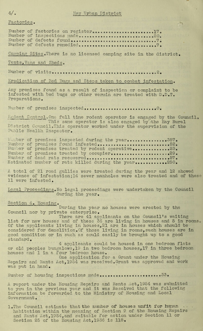 Factories, Nwaber of factories on registero,17, Number of inspections made.,, ^20, N Ul;lbe r of defects f OUnd •a*««,aaa9a,a,,o,oaiac,,,ec'9o,«,*7a Nimiber of defects remedied 7, Campiny Sites aThere is no licensed cam.ping site in the district. Tents,Vans and Sheds, Number of visits, 2, Eradication of Bed Bugs and Steps taken to combat infestation. Any premises found as a result of inspection or complaint to be infested with bed bugs or other vermin are treated with D,D,T, Preparations, Number of premises inspected,, ,0, iicdent ControloOne full time rodent operator is engaged by the Councila This same operator is also engaged bybthe Hay Rural District Council,This operator worked under the supervision of the PvuDlic Health Inspector, N..::foer of premises Inspected during the year, 357, N-imiber of premises found Infested 52, Ihii^i'-jer of premises treated by rodent operative,, ...,23, Nimriber of premises treated by occupier, ,29, Ni:iiriber of dead rats recovered,,, .,,,...,,57, Estimated number of rats killed during the year,,,.,,, 250, A total of 21 road gullies were treated during the year and 12 showed evidence of infestationj14 sewer manholes were also treated and of these 11 were Infested, Legal Proceedings.No legal proceedings were undertaken by the Council during the year. Section 4, Housing, During the year no houses were erected by the Council nor by private enterprise. There are 41 applicants on the Council’s waiting list for new houses and of these 36 are living in houses and 5 in roomsc. Of the applicants living in houses,21 are in houses which should be considered for demolition,Of those living in rooms,such houses are in good condition or in such as could easily be brought up to a good standard, 4 applicants could be housed in one bedroom flats or old peoples bungalows,19 in two bedroom houses,17 in three bedroom houses and 1 in a four bedroom house. One application for a Grant under the Housing Repairs and Rents Act,1954 was received,Grant was approved and work was put in hand. Number of housing inspections made 33, A report under the Housing Repairs and Rents Act,1954 was submitted to you in the previous year and it was Resolved that the following Information be forwarded to the Ministry of Housing and Local Government, l.The Council estimate that the number of houses unfit for human ^ . . habitation within the meaning of Section 9 of the Housing Repairs and Rents Act,1954,and suitable for action under Section 11 or Section 25 of the Housing Act,1936 is 118,