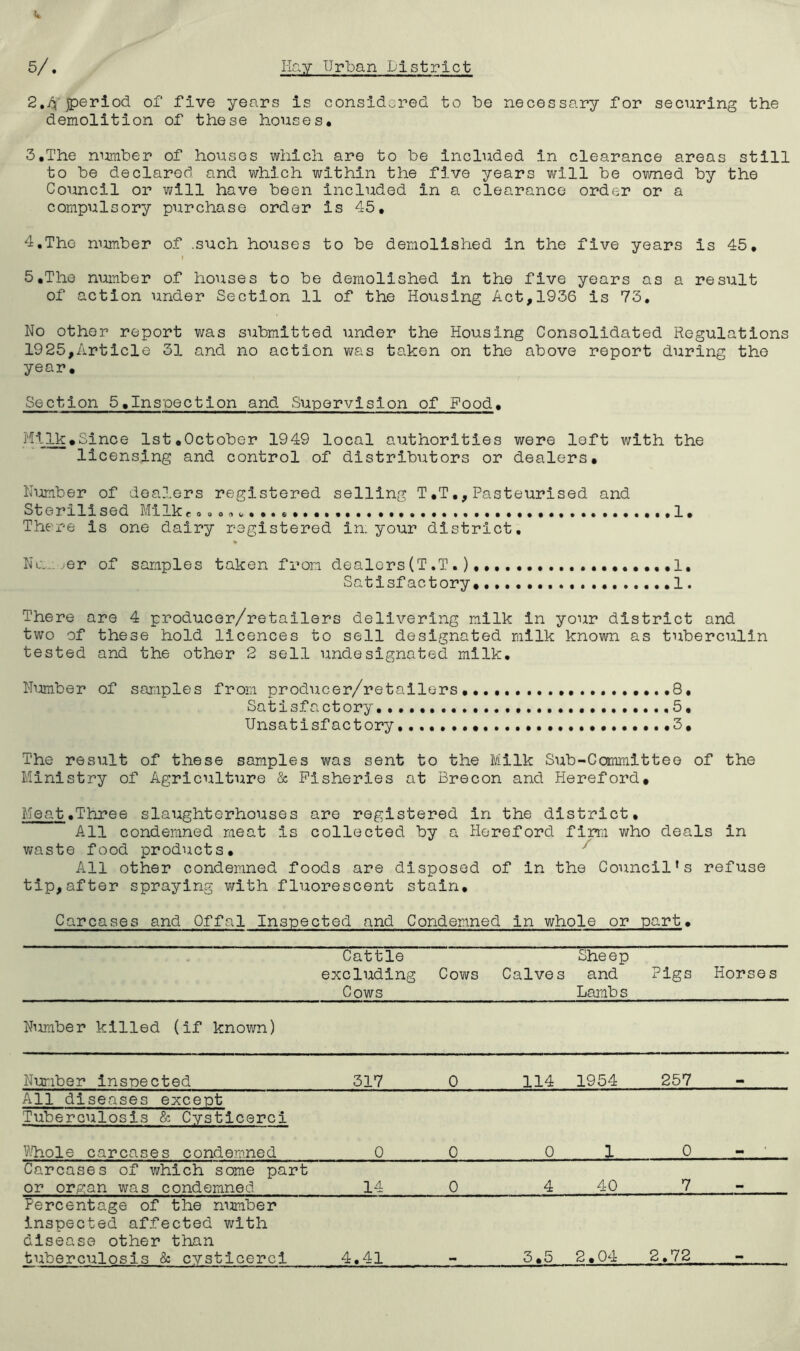 2, period of five years is considered to be necessary for securing the demolition of these houses. 3, The number of houses which are to be included in clearance areas still to be declared and which within the five years virill be owned by the Council or will have been included in a clearance order or a compulsory purchase order is 45. 4. The number of .such houses to be demolished in the five years is 45. » 5. The number of houses to be demolished in the five years as a result of action under Section 11 of the Housing Act,1936 is 73, No other report was submitted under the Housing Consolidated Regulations 1925,Article 31 and no action v^ras taken on the above report during tho year. Section 5.Inspection and Supervision of Food. Milk.Since 1st,October 1949 local authorities were left with the licensing and control of distributors or dealers. Number of dealers registered selling T,T,,Pasteurised and Sterilised Milk<- 1, There is one dairy registered in. your district, Nu._.er of samples taken from dealers (T ,T ...1, Satisfactory, ,1. There are 4 producer/retailors delivering milk in your district and two of these hold licences to sell designated milk known as tuberculin tested and the other 2 sell undesignated milk. Number of samples from producer/retailers,,,, 8, Satisfactory, 5, Unsatisfactory 3, The result of these samples was sent to the Milk Sub-Cornraltteo of the Ministry of Agriculture & Fisheries at Brecon and Hereford, Meat.Three slaughterhouses are registered in the district. All condemned meat is collected by a Hereford fim who deals in v;aste food products, ^ All other condemned foods are disposed of in the Council’s refuse tip,after spraying with fluorescent stain. Carcases and Offal Inspected and Condemned in whole or part. Cattle Sheep excluding Cows Calves and Pigs Horses Cows Lamb s Number killed {if known) Number Insnected 317 0 114 1954 257 - All diseases except Tuberculosis & Cystlcercl V.liole carcases conde.mned 0 0 0 1 0 Carcases of which some part or organ was condemned 14 0 4 40 7 Percentage of the number inspected affected with disease other than tuberculosis & cysticercl 4.41 3,5 2.04 2.72
