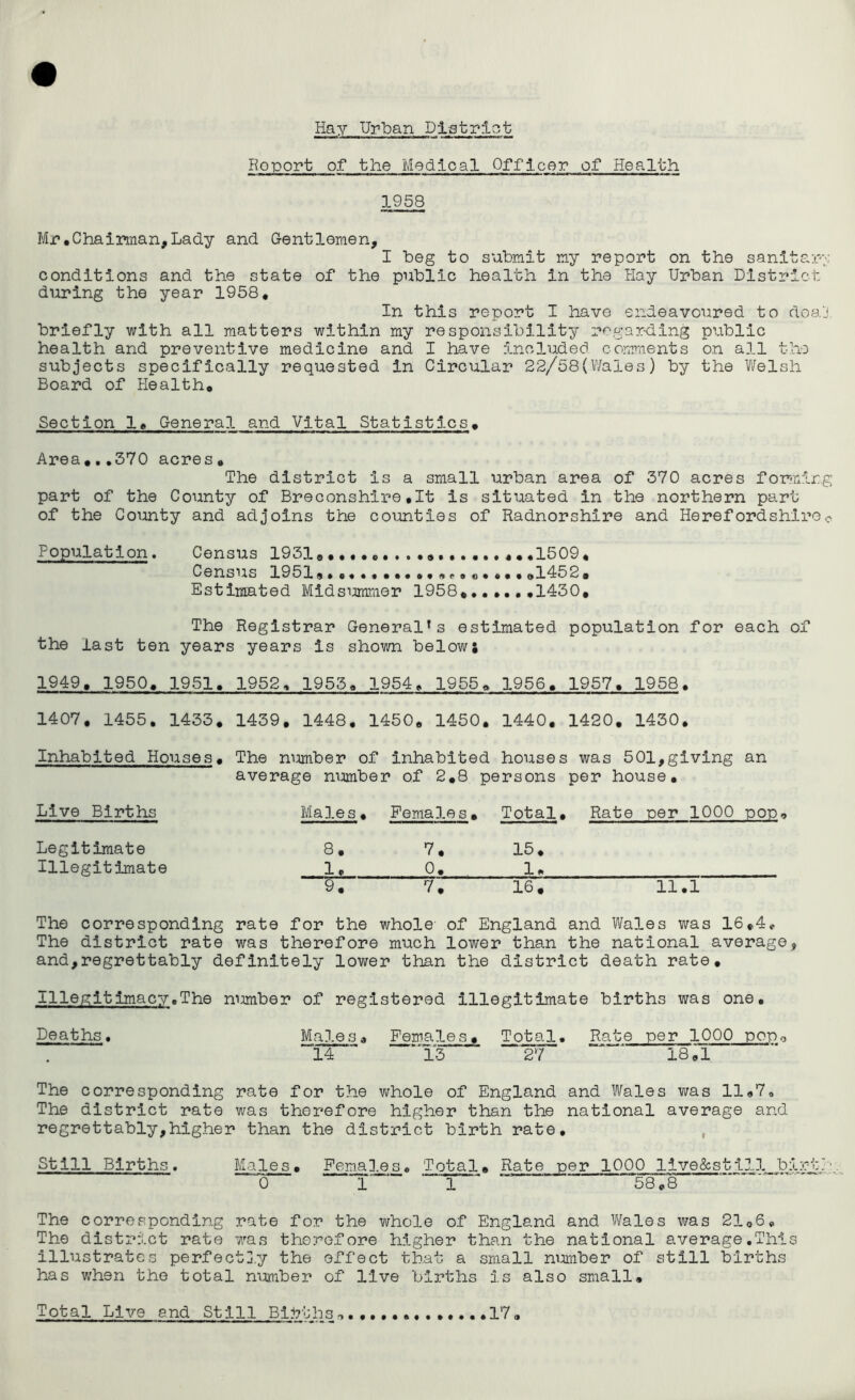 Hoport of the Medical Officer of Health 1958 Mr.Chairman,Lady and Gentlemen, I beg to submit my report on the sanitary: conditions and the state of the public health in the Hay Urban District during the year 1958. In this report I have endeavoured to doa’j briefly with all matters within my responsibility rogar-ding public health and preventive medicine and I have inoliided comments on all the subjects specifically requested in Circular 22/58(V/ales) by the Vifelsh Board of Health* Section 1* General and Vital Statistics* Area*..570 acres* The district is a small urban area of 370 acres forming part of the County of Breconshire*It is situated in the northern part of the County and adjoins the counties of Radnorshire and Herefordshireo Population. Census 1931o *1509* Census 1951*.*«•.*••** nr * *••••*1452# Estimated Midsummer 1958* *1430* The Registrar General’s estimated population for each of the last ten years years is shown below; 1949* 1950* 1951* 1952* 1955* 1954* 1955* 1956* 1957* 1958, 1407* 1455. 1433. 1439, 1448. 1450. 1450, 1440, 1420* 1430, Inhabited Houses* Live Births Legitimate Illegitimate The mmiber of inhabited houses was 501,giving an average mmiber of 2*8 persons per house. Males * Females* Total* Rate per 1000 pop* 8* 7* 15* 1* 0* 1. 9* 7* 16, 11.1 The corresponding rate for the whole of England and Wales was 16*4, The district rate was therefore much lower than the national average, and,regrettably definitely lower than the district death rate* Illegitimacy.The number of registered illegitimate births was one. Deaths, Males a Females * Total. Rate T-oer 1000 popo 14  *'l3 27 ~ ‘ 18.1 The corresponding rate for the v;hole of England and Wales was ll«7o The district rate was therefore higher than the national average and regrettably,higher than the district birth rate, , Still Births. Males * Fema].es«, Total. Rate per 1000 live&stl2J. birj:/' 0 l' 1  58*8 “ The corresponding rate for the whole of England and Wales was 21<,6* The district rate was therefore higher than the national average,This illustrates perfect],y the effect that a small number of still births has when the total mmiber of live births is also small. Total Live end Still Bij^thSr.17,