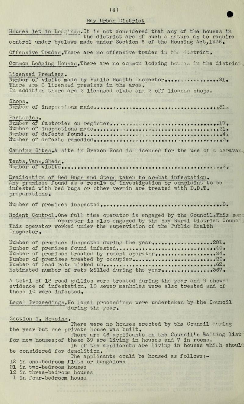 Hay Urban District Houses let in Lo(':.-:ln/g:&.It is not considered that any of the houses in the district are of such a nature as to require control under byelaws made under Section 6 of the Housing Act,3.936* Offensive Trades*There are no offensive trades in Mv. ':’istrict,j Common Lodging Houses*There are no common lodging hcujso in the district , Licensed Premises* Number of visits made by Public Health Inspector^* 21* There are 8 licensed premises in the area* In addition there are 2 licensed clubs and 2 off license shops r. Shops * Number of inspects'.>ns madeo *053,0 Factories• Number of factories on register a«o ^ . o. *••.♦•17* Numbe.c of inspections made* .•..•.*•21* Number of defects f ound o.,., ^ .......o**4* Number of defects remedied* *3* Camping Sites*A site in Brecon Road is I.icensed for the use of a caravan.-. Tents*Vans,Sheds * Ntimber of visits*,*, ,,,,*,,,,,,,*,*.,,,,*,,,..,.,,.,,,,*->ac<»*2* Eradication of Bed Bugs and Steps taken to combat Infestation, Any premises found as a result of investigation or complaint to be infested with bed bugs or other vermin are treated with D*D,T, preparations * Number of premises inspected*,.,,,,,,,,,,,,,,,,,, 0, Rodent Control,One full time operator is engaged by the Council*,Thls same operator is also engaged by the Hay Rural District Counc:.’:. This operator worked under the supervision of the Public Health Inspector, Number of premises inspected during the year ,,.*,*,,., o,.,,, , ,281* Number of premises found inf ested, ,,,,**44* Number of premises treated by rodent operator*,, 24, Number of premises treated by occupier 20* Niimber of dead rats picked up*,,,....,,, eo**62* Estimated number of rats killed during the year#, ,,..,,3,367, A total of 18 road gullies were treated during the year and 9 showed evidence of Infestation, 18 sewer manholes were also treated and of these 10 were infested. Legal Proceedings.No legal proceedings were undertaken by the Council during the year. Section 4, Housing, There were no hoi.^ses erected by the Council (U'j;-lng the year but one private house was built* There are 46 applicants on the Council’s Waiting list for new houses; of these 39 are living in houses and 7 in rooms., 16 of the applicants are living in houses whiuh shoul-d be considered for demolition. The applicants could be housed as followss- 12 in one-bedroom flats or bungalows 21 in tv;o-bedroom houses 12 in three-bedroom houses 1 in four-bedroom house