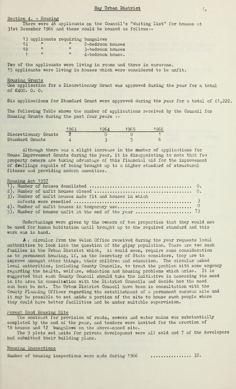 Section 4» - Housing There were 46 applicants on the Council's v/aiting List for houses at 31st December I966 and these could be housed as follo?/SJ- 13 applicants requiring biangalows 14   2-bedroom houses 18   3-bedroom houses 1   4-bedroom house. Two of the applicants were living in rooms and three in caravans. 15 applicants were living in houses which were considered to be unfit. Housing Grants One application for a Discretionary Grant was approved during the year for a total of €400. 0. 0. Six applications for Standard Grant were approved during the year for a total of £1,222. The following Table shows the number of applications received by the Council for Housing Grants during the past four years 3- 1963 1964 1965 1966 Discretionary Grants 2 001 Standard Grants 4 356 Although there was a slight increase in the number of applications for House Improvement Grants during the year, it is disappointing to note that few property owners are taking advantage of this financial aid for the improvement of dwellings capable of being brought up to a higher standard of structural fitness and providing modern amenities. Housing Act 1957 1) . Number of houses demolished 0. 2) . Number of unfit houses closed 0. 3) . ifumber of iinfit houses made fit and houses in which defects were remedied 3 4) . Number of unfit houses in temporary use ^ 5) . Nimber of houses unfit at the end of the year 73 Undertakings were given by the owners of two properties that they would not be used for human habitation until brought up to the required standard and this work was in hand. A V circular from the v/elsh Office received during the year requests local authorities to look into the question of the gipsy population. There are two such f.amilies in the Urban District which, it would seem, require some consideration as to permanent housing, if, as the Secretary of State considers, they are to improve -amongst other things, their children and education. The circular asked local authorities, including County Councils, to treat the problem with some urgency regarding the health, welfare, education and housing problems which arise. It is suggested that each County Council should take the initiative in assessing the need in its area in consultation v/ith the District Councils and decide how the need can best be met. The Urban District Council have been in consultation with the County Plani'iing Officer regarding the establishment of a permanent caravan site and it may be possible to set aside a portion of the site to house such people where they could have better facilities and be tinder suitable supervision. korest Road Housing Site The contract for provision of roads, sewers and water mains was substantially completed by the end of the year, and tenders were invited for the erection of 18 houses and 12 bungalows on the above-named site. The 9 plots set aside for private development were all sold and 7 of the developers had submitted their building plans. Housing- Inspections Humber of housing inspections were made during I966 32.