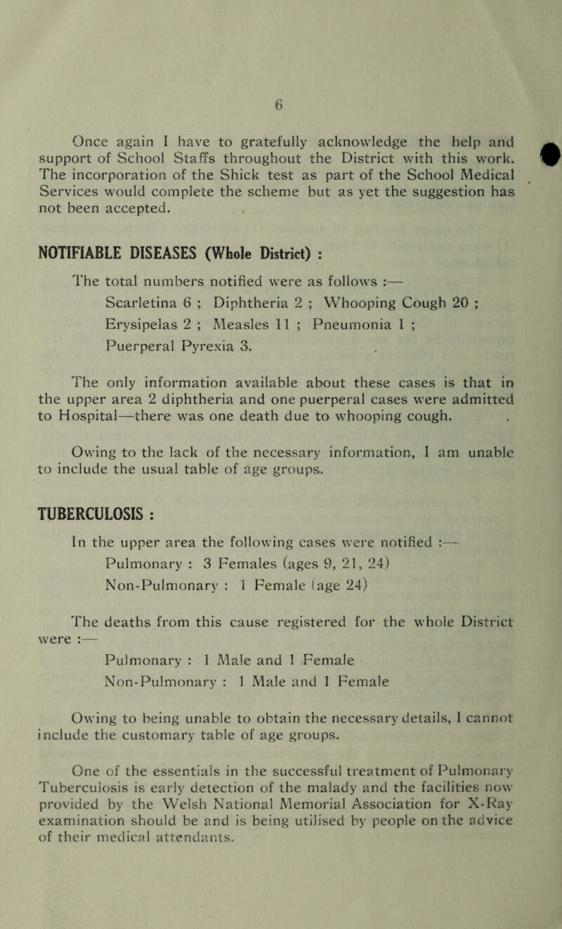 Once again I have to gratefully acknowledge the help and support of School Staffs throughout the District with this work. The incorporation of the Shick test as part of the School Medical Services would complete the scheme but as yet the suggestion has not been accepted. NOTIFIABLE DISEASES (Whole District) : The total numbers notified wrere as follows :— Scarletina 6 ; Diphtheria 2 ; Whooping Cough 20 ; Erysipelas 2 ; Measles 11 ; Pneumonia 1 ; Puerperal Pyrexia 3. The only information available about these cases is that in the upper area 2 diphtheria and one puerperal cases were admitted to Hospital—there was one death due to whooping cough. Owing to the lack of the necessary information, I am unable to include the usual table of age groups. TUBERCULOSIS : In the upper area the following cases were notified Pulmonary : 3 Females (ages 9, 21, 24) Non-Pulmonary : 1 Female (age 24) The deaths from this cause registered for the whole District were :— Pulmonary : 1 Male and 1 Female Non-Pulmonary : 1 Male and 1 Female Owing to being unable to obtain the necessary details, I cannot include the customary table of age groups. One of the essentials in the successful treatment of Pulmonary Tuberculosis is early detection of the malady and the facilities now provided by the Welsh National Memorial Association for X-Ray examination should be and is being utilised by people on the advice of their medical attendants.