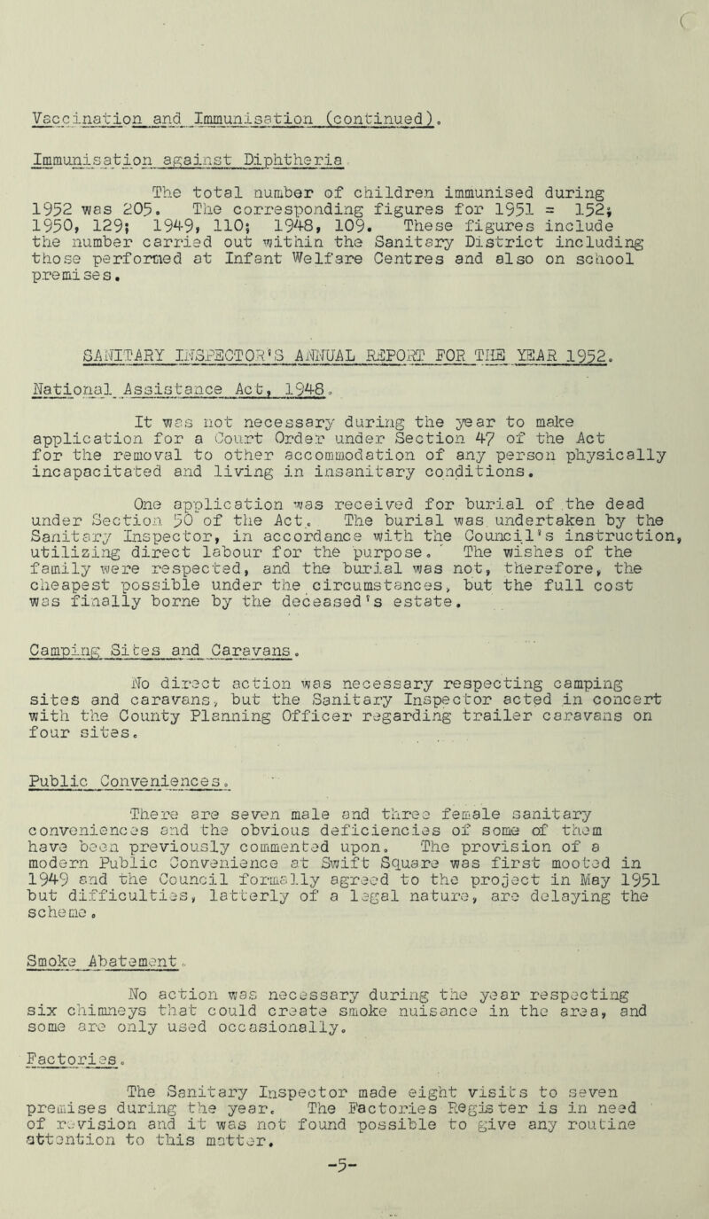 c Vaccination and Immunisation (continued), Immunisation ap;ainst Diphtheria , The total number of children immunised during 1952 was 205. The corresponding figures for 1951 = 152j 1950, 129; 19^-9» 110; 19^-l-8, 109. These figures include the number carried out within the Sanitary District including those performed at Infant Welfare Centres and also on school premi ses, SA-i'JlT.ARY IN3PECT0.RhS AMUAL RSPQRT FOR TIIB YEAR 1952. National Assistance Act, 19^8» It was not necessary during the year to make application for a Court Order under Section 47 of the Act for the removal to other accommodation of any person physically incapacitated and living in insanitary conditions. One application was received for burial of the dead under Section 50 of the Act,. The burial was. undertaken by the Sanitary Inspector, in accordance with the Council*s instruction, utilizing direct labour for the purpose. ' The wishes of the family were respected, and the burial was not, therefore, the cheapest possible under the_circumstances> but the full cost was finally borne by the deceased's estate. Camping Sites and Caravans. No direct action was necessary respecting camping sites and caravans, but the Sanitary Inspector acted in concert with the County Planning Officer regarding trailer caravans on four sites. Public Conveniences. There are seven male and three female sanitary convenionces and the obvious deficiencies of some of them have been previously coirimented upon. The provision of a modern Public Convenience at Swift Square was first mooted in 1949 ond the Council formally agreed to the project in May 1951 but difficulties, latterly of a legal nature, are delaying the scheme. Smoke Abatement. No action was necessary during the year respecting six chimneys that could create smoke nuisance in the area, and some are only used occasionally. Factories. The Sanitary Inspector made eight visits to seven premises during the year. The Factories Register is in need of revision and it was not found possible to give any routine attention to this matter. -5-