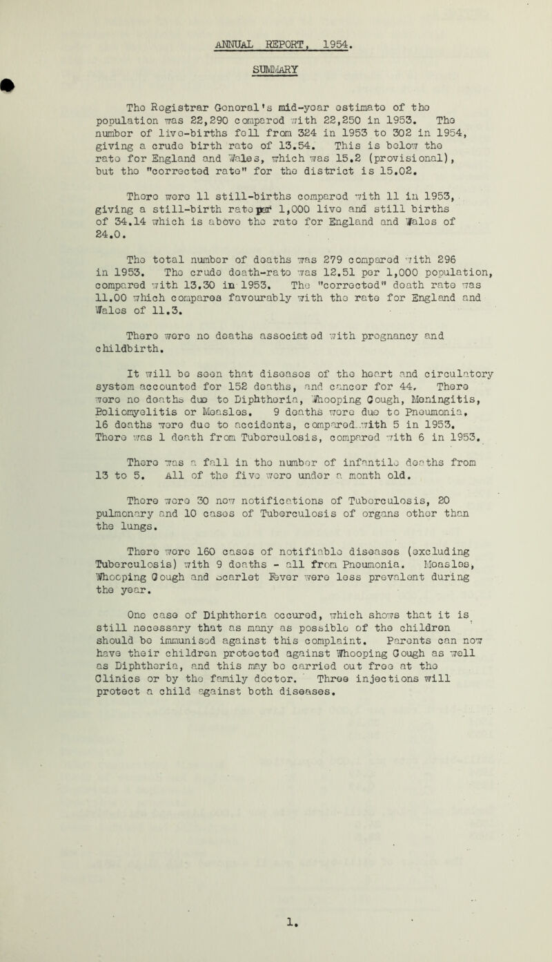 SUMVARY Tho Registrar Gonoral’s mid-yoar ostimato of tho population ttqs 22,290 cornporod -<7ith 22,250 in 1953. Tho numbor of livo-births foil from 324 in 1953 to 302 in 1954, giving a crude birth rato of 13,54, This is bolov tho rate for England and Wales, T^hich was 15,2 (provisional), but tho corrected rate for tho district is 15,02, There were 11 still-births compared with 11 iu 1953, giving a still-birth ratopeoc* 1,000 live and still births of 34,14 which is above tho rato for England and Wales of 24,0. Tho total numbor of deaths was 279 compared with 296 in 1953. Tho crude death-rate was 12.51 per 1,000 population, compared with 13.30 in 1953. The corrected” death rato was 11.00 which compares favourably with tho rato for England and Wales of 11.3. There wore no deaths associated with pregnancy and childbirth. It will be seen that diseases of the heart and circulatory system accounted for 152 deaths, and cancer for 44, There wore no deaths duo to Diphtheria, '.^hooping Gough, Meningitis, Eoliomyelitis or Measles, 9 deaths wore duo to Pneumonia, 16 deaths wore duo to accidents, comparod-.with 5 in 1953, There was 1 death from Tuberculosis, compared with 6 in 1953, There was a fall in tho numbor of infantile deaths from 13 to 5. All of tlio five were under a month old. There wore 30 now notifications of Tuberculosis, 20 pulmonary and 10 cases of Tuberculosis of organs other than the lungs. There wore 160 cases of notifiable diseases (excluding Tuberculosis) with 9 deaths - all from Pneumonia. Measles, ■iJhoGping Gough and ocarlet Ibver were less prevalent during the year. One case of Diphtheria occurod, which shows that it is still necessary that as many as possible of tho children should bo immunisod against this complaint. Parents can now have their children protected against Whooping Gough as well as Diphtheria, and this n:By bo carried out free at tho Clinics or by tho family doctor. Three injections will protect a child against both diseases.