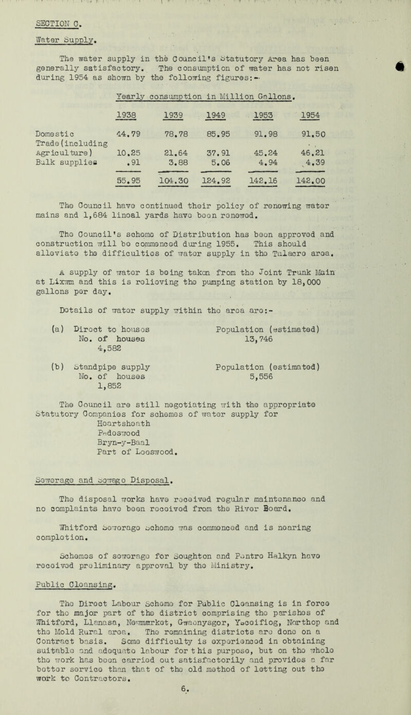 1 SECTION G, Water Supply, The water supply in the Council’s Statutory Area has been generally satisfactory. The consumption of water has not risen during 1954 as shown by the following figures:— Yearly consumpti on in Million Gallons. 1958 1939 1949 1953 1954 Domestic 44.79 78.78 85.95 91.98 91.50 Trade(including Agriculture) 10.25 21.64 37.91 45.24 46.21 Bulk supplies .91 3.88 5.06 4.94 ,4.39 55.95 104.30 124.92 142.16 142.00 The Council have continued their policy of renowing water mains and 1,684 lineal yards have been renewed. The Council’s scheme of Distribution has been approved and construction will bo commenced during 1955. This should alleviate the difficulties of water supply in the Tulacro area, A supply of water is being taken from the Joint Trunk Main at Lixwm and this is relieving the pumping station by 18,000 gallons per day. Details of water supply within the area aro:- (a) Direct to houses No, of houses 4,582 Population (estimated) 13,746 (b) Standpipe supply No. of houses 1,852 Population (estimated) 5,556 The Council are still negotiating with the appropriate Statutory Companies for schemes of water supply for Heartshoath Pr'-deswood Bryn-y-Baal Part of Looswood. Sewerage and bowago Disposal. The disposal works have received regular maintenance and no complaints have been rocoivod from the River Board, Whit ford soworago :uchomo was commenced and is nearing completion. Schemes of soworage for Sought on and Pvjntro Halkyn have rocoivod preliminary approval by the Ministry, Public Cleansing. The Diroct Labour Scheme for Public Cleansing is in force for tho major part of the district comprising the parishes of ^itford, Llanasa, NeiTmarkot, Gwaenysgor, Yocoifiog, Northop and tho Mold Rural area, Tho remaining districts are done on a Contract basis. Some difficulty is experienced in obtaining suitable and adequate labour for this purpose, but on tho whole tho work has boon carried out satisfactorily and provides a far bettor service than that of tho old method of lotting out tho work to Contractors.