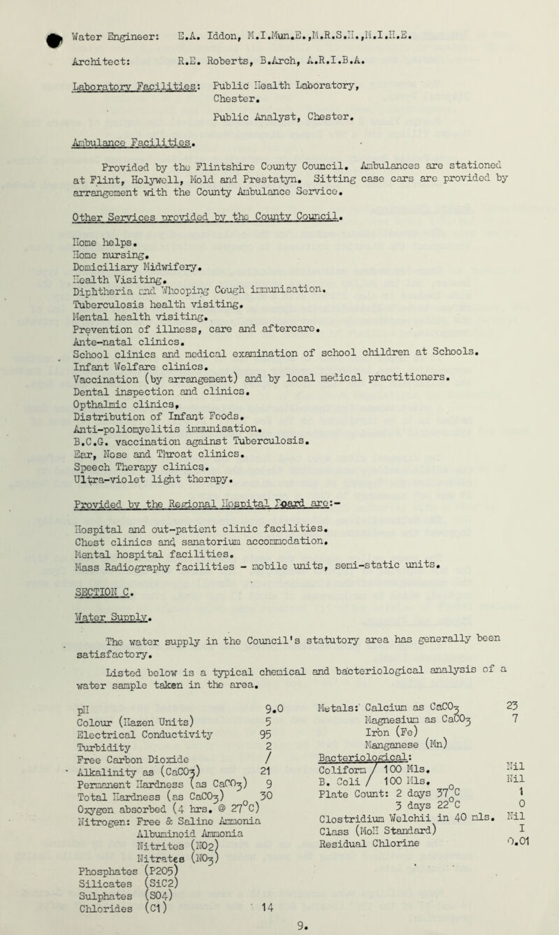 Water Engineer: E.A. Iddon, M.I.Mun.E.,Ii.I.II.E Architect: R.E, Roberts, B.Arch, A.R.I.B.A. Laboratory Facilities: Public Health Laboratory Chester. Public Analyst, Chester, Ambulance Facilities. Provided by the Flintshire County CoiJincil, Ambulances are stationed at Flint, Holywell, Mold and Prestatyn, Sitting case cars are provided by arrangement with the County Ambulance Service, Other Services nrovided by the Coimtv Council, Home helps. Home nursing. Domiciliary Midwifery, Health Visiting, Diphtheria end Whooping Cough immunisation. Tuberculosis health visiting. Mental health visiting. Prevention of illness, care and aftercare. Ante-natal clinics. School clinics and medical examination of school children at Schools, Infant Welfare clinics. Vaccination (by arrangement) and by local medical practitioners. Dental inspection and clinics, Opthalmic clinics. Distribution of Infant Foods. Anti-poliomyelitis immunisation. B.C.G. vaccination against Tuberculosis, Ear, Hose and Tliroat clinics. Speech Therapy clinics. Ultra-violet li^t therapy. Provided by the Regional Hospital Board are:— Hospital and out-patient clinic facilities. Chest clinics and sanatorium accommodation. Mental hospital facilities, Hass Radiography facilities - mobile units, semi-static units, SECTION C. Water Sunplv. The water supply in the Council's statutory area has generally been satisfactory. Listed below is a typical chemical and bacteriological analysis of a water sample taken in the area. Colour (llazen Units) Electrical Conductivity Turbidity Free Carbon Dioxide 9.0 5 95 2 Metals:' Calcium as CaCO^ Magnesium as CaCO^ Iron (Fe) Manganese (Mn) 23 7 / Bacteriological: Nil Nil Oxygen absorbed (4 hrs. @ 27^c) Nitrogen: Free & Saline Ammonia 21 9 30 Plate Count: 2 days 37°C 3 days 22 C 1 0 Albuminoid Ammonia Nitrites Nitrates Clostridium Welchii in 40 mis. Class (MoH Standard) Residual Chlorine Nil I 0.01 Phosphates (P205) Silicates (SiC2) Sulphate s (SO 4) Chlorides (Cl) 14