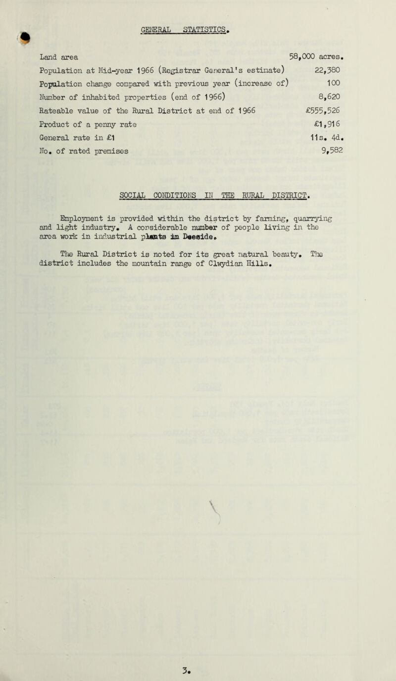 GENERAL STATISTICS Land area 58,000 acres# Population at Mid-year 1966 (Registrar General’s estimate) 22,580 Population change compared with previous year (increase of) 100 Number of inhabited properties (end of 1966) 8,620 Rateable value of the Rural District at end of 1966 £555,526 Product of a penny rate £1,916 General rate in £1 11s# 4d. No. of rated premises 9,582 SOCIAL CONDITIONS IN THE RURAL DISTRICT. Employment is provided within the district by farming, quarrying and light industry. A considerable number of people living in the area work in industrial plants in Deeaide. Tlie Rural District is noted for its great natural beauty. The district includes the mountain range of Clwydian Hills.