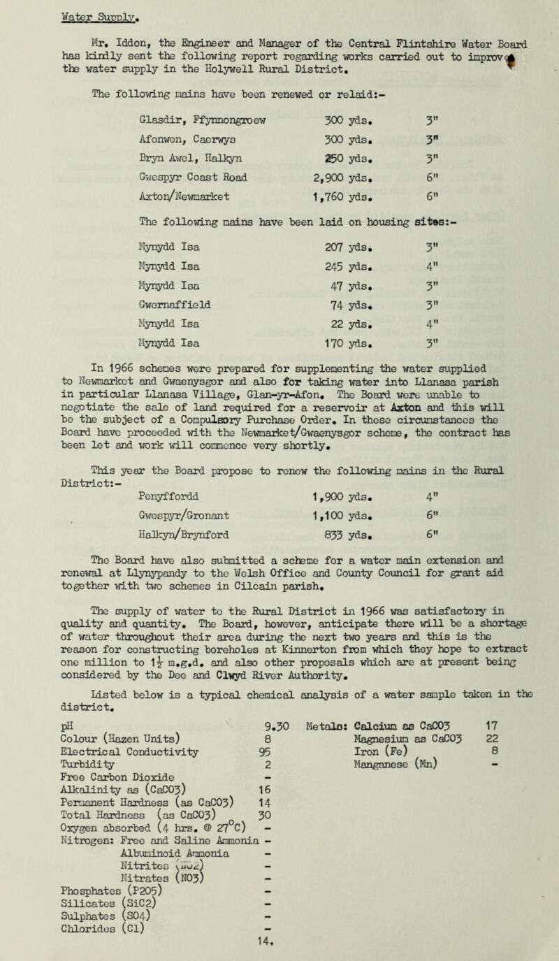 Water Supply, Mr. Iddon, the Engineer and Manager of the Central Flintshire Water Board has kindly sent the following report regarding works carried out to improv‘d the water supply in the Holywell Rural District. ^ The following mains have been renewed or relaid:- Glasdir, Ffynnongroew 300 yds. 3 Afonwen, Caerwys 300 yds. 3 Bryn Awel, Halkyn 250 yds. 3n Gwespyr Coast Road 2,900 yds. 6 Ax to n/Newmarke t 1,760 yds. 6 The following mains have been laid on housing sites:- Mynydd Isa 207 yds. 3 Mynydd Isa 245 yds. 4 Mynydd Isa 47 yds. 3 Gwomaf field 74 yds. 3 Mynydd Isa 22 yds. 4” Mynydd Isa 170 yds. 3 In 1966 schemes were prepared for supplementing the water supplied to Newmarket and Gwaenysgor and also for taking water into Llanasa parish in particular Llanasa Village, Glan-yr-Afon. The Board were unable to negotiate the sale of land required for a reservoir at Axton and this will be the subject of a Compulsoiy Purchase Order. In these circumstances the Board have proceeded with the Newnarket/Gwaenysgor scheme, the contract has been let and work will commence very shortly. This year the Board propose to renew the following mains in the Rural District:- Penyffordd 1,900 yds. 4 Gwespyr/Gronant 1,100yds. 6 Halkyn/Brynford 833 yds. 6 The Board have also submitted a scheme for a water main extension and renewal at Llynypandy to the Welsh Office and County Council for grant aid together with two schemes in Cilcain parish. The supply of water to the Rural District in 1966 was satisfactoiy in quality and quantity. The Board, however, anticipate there will be a shortage of water throughout their area during the next two years and this is the reason for constructing boreholes at Kinnerton from which they hope to extract one million to l^r m.g.d. and also other proposals which are at present being considered by the Dee and Clwyd River Authority. Listed below is a typical chemical analysis of a water sample taken in the district. pH v 9.30 Colour (Hazen Units) 8 Electrical Conductivity 95 Turbidity 2 Free Carbon Dioxide - Alkalinity as (CaC03) 16 Permanent Hardness (as CaC03) 14 Total Hardness (as CaC03) 30 Oxygen absorbed (4 hrs. @ 27°C) - Nitrogen: Free and Saline Ammonia - Albuminoid Ammonia - Nitrites Nitrates (NO3) - Phosphates (P205) Silicates (SiC2) - Sulphates (SO4) - Chlorides (Cl) - Metals: Calcium as CaC03 17 Magnesium as CaC03 22 Iron (Fe) 8 Manganese (Mn) -
