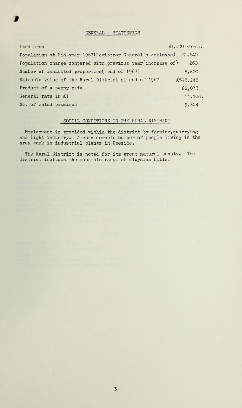 GENERAIj ' STATISTICS Land area 58,000 acres. Population at Mid-year 1967(Registrar General's estimate) 22,640 Population change compared with previous year(increase of) 260 Number of inhabited properties( end of 196?) 8,620 Rateable value of the Rural District at end of 1967 £593»246 Product of a penny rate £2,033 General rate in £1 ll.lOd. No. of rated premises 9f624 SOCIAL CONDITIONS IN THE RURAL DISTRICT Employment is provided within the district by farming,quarrying and light industry. A considerable number of people living in the area work in industrial plants in Deeside. The Rural District is noted for its great natural beauty. The district includes the mountain range of Clwydian Hills.