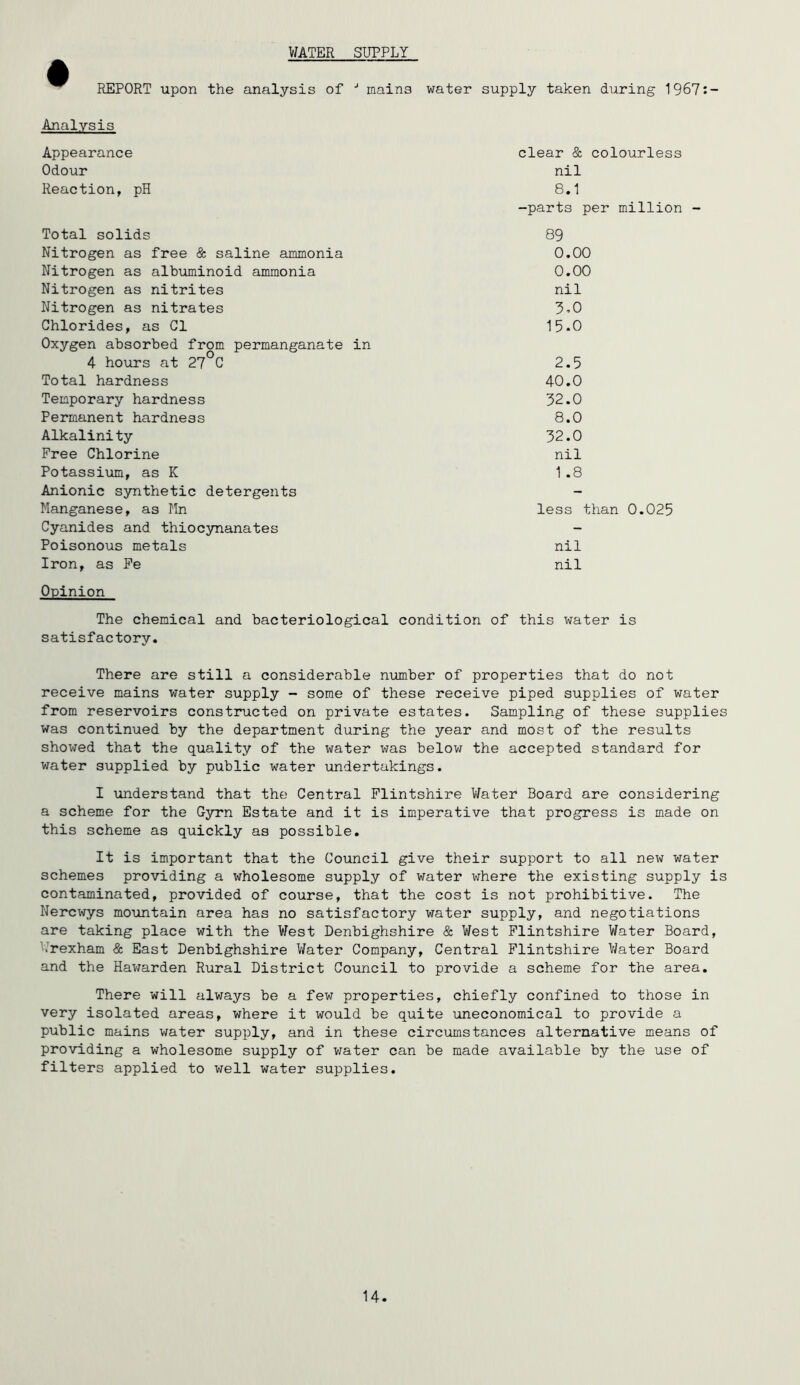 WATER SUPPLY REPORT upon the analysis of •’ mains water supply taken during 196?:- Analysis Appearance Odour Reaction, pH Total solids Nitrogen as free & saline ammonia Nitrogen as albuminoid ammonia Nitrogen as nitrites Nitrogen as nitrates Chlorides, as Cl Oxygen absorbed from permanganate in 4 hours at 27°C Total hardness Temporary hardness Permanent hardness Alkalinity Free Chlorine Potassium, as K Anionic synthetic detergents Manganese, as Mn Cyanides and thiocynanates Poisonous metals Iron, as Pe Opinion clear & colourless nil 8.1 -parts per million - 89 0.00 0.00 nil 3,0 15.0 2.5 40.0 32.0 8.0 32.0 nil 1 .8 less than 0.025 nil nil The chemical and bacteriological condition of this water is satisfactory. There are still a considerable number of properties that do not receive mains water supply - some of these receive piped supplies of water from reservoirs constructed on private estates. Sampling of these supplies was continued by the department during the year and most of the results showed that the quality of the water was below the accepted standard for water supplied by public water undertakings. I understand that the Central Flintshire V/ater Board are considering a scheme for the Gyrn Estate and it is imperative that progress is made on this scheme as quickly as possible. It is important that the Council give their support to all new water schemes providing a wholesome supply of water where the existing supply is contaminated, provided of course, that the cost is not prohibitive. The Nercwys moumtain area has no satisfactory water supply, and negotiations are taking place with the Vfest Denbighshire & West Flintshire Water Board, .rexham & East Denbighshire Water Company, Central Flintshire Water Board and the Hawarden Rural District Council to provide a scheme for the area. There will always be a few properties, chiefly confined to those in very isolated areas, where it would be quite uneconomical to provide a public mains water supply, and in these circumstances alternative means of providing a wholesome supply of vjater can be made available by the use of filters applied to well water supplies. 14.