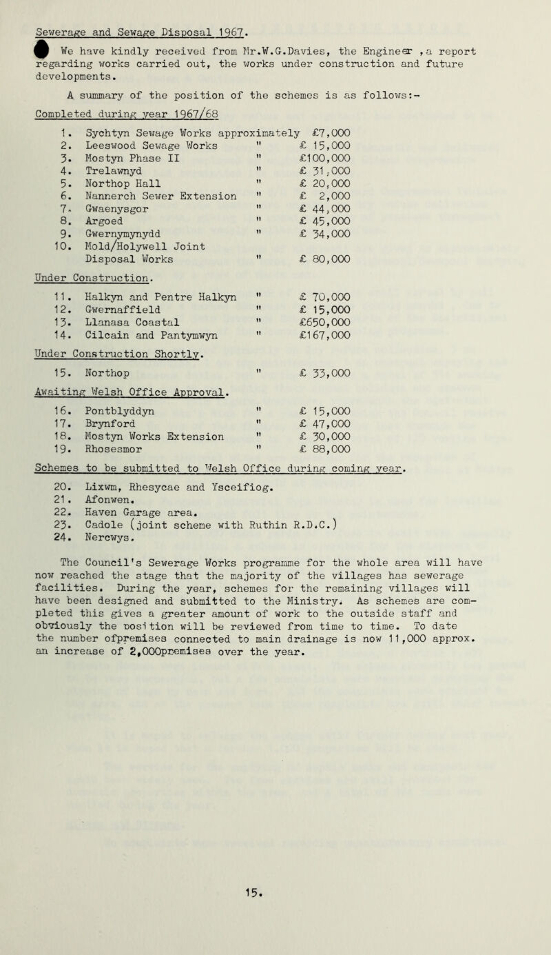 Sewerage and Sev;age Disposal 1967« V/e have kindly received from Mr.¥.G.Davies, the Engineer ,a report regarding works carried out, the works under construction and future developments. A summary of the position of the schemes is as follows:- Completed during year 196?/68 1. Sychtyn Seviage Works approximately £7,000 2. Leeswood Sewage Works  £ 15,000 3. Mostyn Phase II  £100,000 4. Trelawnyd  £ 31,000 5. Northop Hall  £ 20,000 6. Nannerch Sewer Extension ” £ 2,000 7. Gwaenysgor  £ 44,000 8. Argoed  £ 45,000 9. Gwernymynydd ” £ 34,000 10. Mold/Holywell Joint Disposal Works ” £ 80,000 Under Construction. 11. Halkyn and Pentre Halkyn 12, Gwernaffield 13- Llanasa Coastal 14- Cilcain and Pantymwyn Under Construction Shortly. £ 70,000 £ 15,000 £650,000 £167,000 15. Northop £ 33,000 Awaiting Welsh Office Approval. 16. Pontblyddyn 17. Br3mford 18. Mostyn Works Extension 19. Rhosesmor £ 15,000 £ 47,000 £ 30,000 £ 88,000 Schemes to be submitted to Welsh Office during coming year. 20. Lixwm, Rhesycae and Ysceifiog. 21. Afonwen, 22. Haven Garage area. 23. Cadole (joint scheme with Ruthin R.D.C.) 24. Nercwys. The Council’s Sewerage Works prograrome for the whole area will have now reached the stage that the majority of the villages has sewerage facilities. During the year, schemes for the remaining villages will have been designed and submitted to the Ministry. As schemes are com- pleted this gives a greater amount of work to the outside staff and obviously the nosi tion will be reviewed from time to time. To date the number ofpremises connected to main drainage is now 11,000 approx, an increase of g^GOOpneiiiises over the year. 15