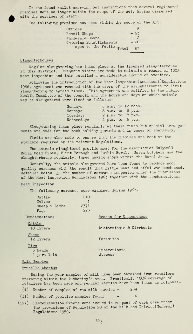 It was found whilst carrying out inspections that several registered premises were no longer within the scope of the Act, having dispensed with the services of staff. The following premises now come within the scope of the Act; Offices - 8 Retail Shops - 53 Wholesale Shops - 2 Catering Establishments - 20 open to the Public. Slaughterhouses Regular slaughtering has taken place at the licensed slaughterhouse in this district. Frequent visits are made to maintain a record of 100^^ meat inspection and this entailed a considerable amount of overtime. Following the introduction of the Meat Inspection(Amendment)Regulations 1966, agreement was reached with the users of the slaughterhouse to limit slaughtering to agreed times. This agreement was ratified by the Public Health Committee of the Council and the hours and days on which animals may be slaughtered were fixed as follows Sundays Mondays Tuesdays Wednesdays 6 a.m. to 12 noon 8 a.m. to 8 p.m. 2 p.m. to 8 p.m. 2 p.m. to 6 p.m. Slaughtering takes place regularly at these times but special arrange- ments are made for the bank holiday periods and in cases of emergency. Visits are also made to ensure that the premises are kept at the standard required by the relevant Regulations. The animals slaughtered provide meat for the districts of Holywell Rural,Mold Urban, Flint Borough and Ruthin Rural. Seven butchers use the slaughterhouse regularly, three having shops within the Rural Area. Generally, the animals slaughtered have been found to produce good quality carcases with the result that little meat and offal was condemned, detailed below ^3 the number of carcases inspected under the provisions of the Meat Inspection Regulations 1963 together with the condemnations. Meat Inspection The following carcases were Cattle 210 Calves 1 Sheep & Lambs 2371 Pigs 223 Condemnations Cattle 10 livers Sheep 12 livers examined during 1967• Reason for Unsoundness Distomatosis & Cirrhosis Parasites Pigs 5 heads 1 part loin Milk Samples Brucella Abortus During the year samples of milk have been obtained from retailers operating within the Authority’s area. Practically 100^ coverage of retailers has been made and regular samples have been taken as follows (i) Number of samples of raw milk carried - 239 (ii) Number of positive samples found - 4 (iii) Pasteurisation Orders were issued in respect of each case under the provisions of Regulation 20 of the Milk and Dairies(General) Regulations 1959* Tuberculosis Abscess 22.