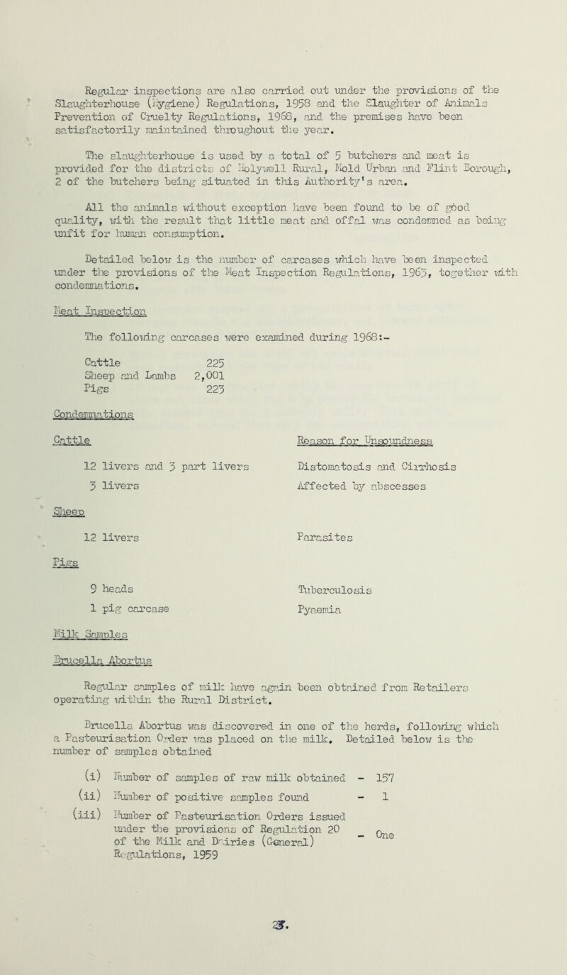 Regular inspections are also carried out under the provisions of the Slaughterhouse (hygiene) Regulations, 195Q and the Slaughter of inimals Prevention of Cruelty Regulations, 1958, and the premises have heon satisfactorily maintained throughout the year. Tlie slaughterhouse is used by a total of 5 butchers and meat is provided for the districts of Ilolyvrell Rural, Mold Urban and Plint Borough, 2 of the butchers being situnted in this Authority's area. All the animals without exception have been found to be of good qurJ-ity, t-jith the result that little meat and offal was condemned as being- unfit for human consumption. Detailed telox; is the jiumbcr of carcases x^^hich liave been inspected xxnder tlie provisions of the Mieat Inspection Regula'tions, 1963, together x-dth condemna.tions, I-ieat Insnection The folloxTing carca<.ses x/ere examined during 1968: Cattle 225 Sheep and Lambs 2,001 Pigs 223 Condeniiations Cattle 12 livers and 3 port livers 3 livers Slieexj 12 livers Pigs 9 heads Tuberculo sis 1 pig carcase Pyaemia Milk oamnles Brucella Abortx-is Reason for bnsoxjndness Distomatosis and Ciirhosis iiffected by abscesses Pan-asites Regular samples of mill: liave again been obtained from Retailers operating xatlxin the Rxrral District, Brucella Abortus Xrjas discovered in one of the herds, folloxring x^Mch a Pasteurisation Order xras placed on the milk. Detailed belox; is tlxe nxamber of samples obtain.ed (i) Humber of samples of raw milk obtained - 157 (ii) Il-umber of positive samples found - 1 (iii) Uxjmber of Pastexirisation Orders issued vuider tlxe provisions of Regulation 20 q, of tlie Milk and Dairies (General) * Regulations, 1959 2?.