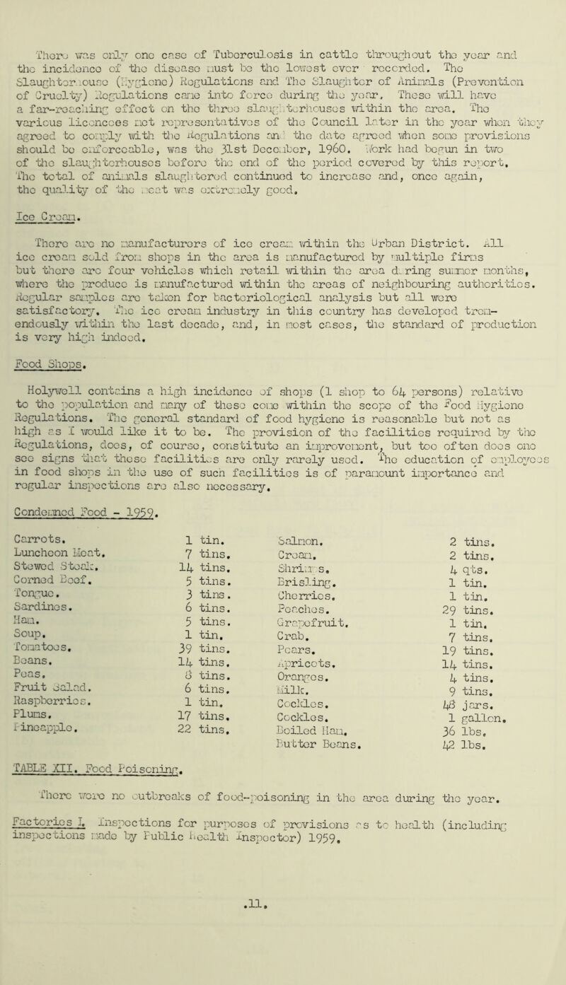 Thor'j XTcis oiHrj ono case of Tuberculosis in cattlo tlirouchout tho year and the incidence of the disease i.iust be the lowest ever recorded. The SlauGhter.louse (Hygiene) Regulations and Tho Slaughter of Aninals (Prevention of Cruo3-ty) liogulations car.ie into force during tiie yeae?. Those vvill have a far-reaching effect on the throe slaughterhouses \ri.thin tho area. The various liconcces not representatives of tho Council later in the year when they agreed to conply with tb.o ^Regulations an-.i the date agreed viiion sono provisions should bo enforceable, was the 33-st Doconbor, I96O, Rbrk had begun in two of tho slau^;htorhousos before the end of tho period covered by this report, Tho total of aninals slaughtered continued to increase and, once again, tho qua3.ity of tho iicat was oxtrenely good. Ice Groan, There are no nanufacturors of ice croan vd-tliin the Urban District. All ice crean sold Iron shops in tho area is nanufacturod by nultiple firns but there are four vehicles which retail mthin the area do ring suiiucr months, wliere the produce is nanufacturod vidthin the areas of neighbouring authorities. Regular sanplos are talcon for bacteriological analysis but all were satisfactory. The icc crean industry in this country has developjod tren- endously v/ithin tho last decade, and, in most cases, the standard of production is very high indeed. Food Shops, HolyiTOll contains a high incidence of shops (1 shop to 64 persons) relative to the population and nany of these cone within the scope of the t^ood iiygiono Regulations. The general standard of food hygiene is reasonable but not as high as I would like it to be. The provision of the facilities required by the Regulations, does, of course, constitute an inprovenont, but too often does one see signs tliat those facilities are only rarely used, i'he education of enployees in food shops in the use of suen facilities is of paramount importance and regular inspections are also necessary. CondoLmod Food - 1959. Carrots. 1 tin. Luncheon Lie at. 7 tins. Stewed Steak. 14 tins. Corned Beef. 5 tins. Tongue. 3 tins. Sardines. 6 tins. Han. 5 tins. Soup, 1 tin. Tomatoes. 39 tins. Beans. 14 tins. Peas, u tins. Fruit dalad. 6 tins. Raspberries. 1 tin. Pluns. 17 tins. i- ino apple, 22 tins. Salmon, 2 tins. Crean. 2 tins. Shrim; s. 4 qts. Bris3-ing. 1 tin. Cherries, 1 tin. Poaches, 29 tins. Gra'Xifruit, 1 tin. Grab, 7 tins. Pears, 19 tins. Apricots. 14 tins. Oranges. 4 tins. Milk. 9 tins. CockLcs, IS jars. Cockles. 1 gallon Boiled Ham. 36 lbs. Butter Beans. 42 lbs. TABLE XII, Food Poisoning. 'Ihorc woio: no outbreaks of food-poisoning in the area during tho year. Factories I, Inspections for purposes of previsions as to healLth (including inspections made by Public health Inspector) 1959, .11.
