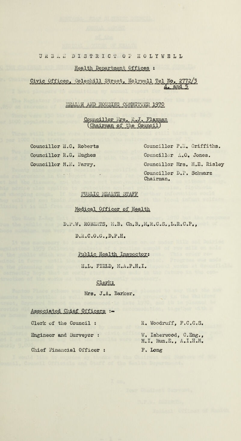 Health Department Offices : Civic Offices, ColeGliill Street» Holyv/ell Tel No, 2772/3 IIExlLlH AHD HQU3IIIG COmOTTEB 1970 Councillor I Its, R,J, Flaxman (Chairinan of the Cp^cil j Councillor H.G, Roberts Councillor R.G, Hughes Councillor M.E. Parry, Councillor P,H. Griffiths, Councillor A.O, Jones, Councillor Ilrs, M,E. Risley Councillor D.P, Schx;arz Chairman, PUBLIC HE/iLTH STilFF Medical Officer of Health U.P.W, ROBIiiTS, H.B. Ch.B, ,H,R.C.S. ,L.R.C.P,, D.R.C.0,G,,I>.P.H. Public Health Insnoctor; II.L. FIELD, M.A.P.H.I. Clerkj. Mrs, J.A, Barker. Associated Cliief Officers Clerk of the Council ; Engineer and Surveyor ; R. Woodruff, F.C.C.S, ¥, Ishervood, C.Eng,, M.I, Mun,E,, A.I.H.M, F, Long Chief Financial Officer