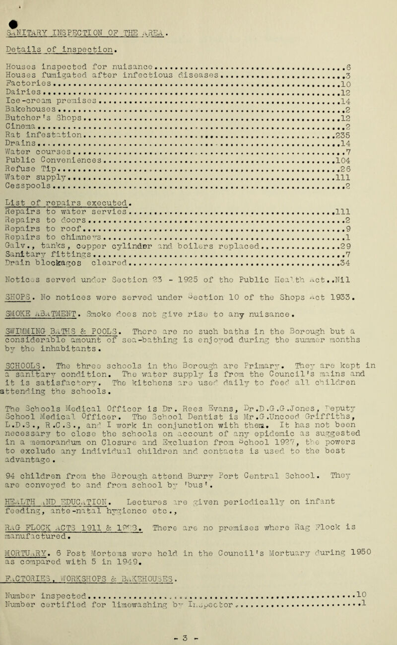 ShNITARY INSPECTION OR THE aREA . Details of inspection. Houses inspected for nuisance, 6 Houses fumigated after infectious diseases 3 Factories 10 Dairies 12 Ice -cream premises 14 Bakehouses ,2 Butcher ' s Shops 12 Cinema 2 Rat infestation 235 Drains .14 Water courses .7 Public Conveniences .....104 Refuse Tip. 26 Water supply Ill Cesspools 2 List of repairs executed. Repairs to water servies Ill Repairs to doors 2 Repairs to roof ,,9 Repairs to chimne-^.^s 1 Galv., tanks, copper cylinder and boilers replaced 29 Sanitary fittings 7 Drain blockages cleared 34 NotiCoS served under Section 23 - 1925 of tho Public Health ^-^ct..Nil SHOPS. No notices v/ere served under Section 10 of the Shops ^j-ct 1933. SMOKE -ABaTMENT. Smoke does not give rise to any nuisance. SWIMMING- Baths & pools. There are no such baths in the Borough but a considerable amount of sea-bathing is enjo-’-od during tho summer months by the inhabitants « SCHOOLS. The three schools in tho Borough are Primary. They are kept in a sanitary condition. The virater supply is from the Council's mains and it is satisfactory. The kitchens are used d.ail^r to feed all children attending the schools. The Schools Medical Officer is Dr. Rees Evans, Dp,D .G.G .Jones, Deputy School Medical Officer. The School Dentist is Mr.G.Uncoed Griffiths, L.D.S., R.C.S., and I v/ork in conjunction with them. It has not been necessary to close the schools on account of any epidemic as suggested in a memorandum on Closure and Exclusion from BqTcooI 1927, the powers to exclude any individual children and contacts is used to the best advantage. 94 children from the Borough attend Burrv Port Central School. They are convoyed to and from school by 'bus'. HEaLTH aND EDUC.iTION. Lectures are given periodically^ on infant feeding, ante-natal hygienco etc., RaG flock aCTS 1911 & 12‘''3_. There are no premises where Rag Flock is manufactured. MORTU-iRY. 6 Post Mortoms v/ere held in the Council's Mortuary during 1950 as compared with 5 in 1949. F..CT0RIES. WORKSHOPS & BaKEHOUSES , Number inspected Number certified for limewashing b^- Iix^^ector .. 10