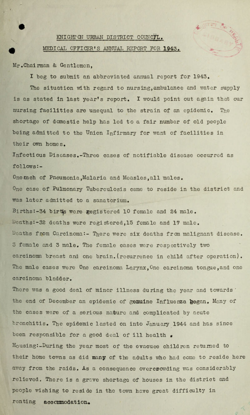 KNIGHTCN URBAN DISTRICT COUNCTL, MEDICAL OFFICER’S ANNUAL REPORT FOR 1945^ Mr•Chairman & Gentlemen, I beg to submit an abbreviated annual report for 1943. The situation with regard to nursing,ambulance and water supply is as stated in last year’s report, I would point out again that our nursing facilities are unequal to the strain of an epidemic. The shortage of domestic help has led tea fair number of old people being admitted to the Union Infirmary for want of facilities in their own homes. Infectious Diseases.-Three cases of notifiable disease occurred as follows:- One each of Pneumonia,Malaria and Measles,all males. One case of Pulmonary Tuberculosis came to reside in the district and was later admitted to a sanatorium. Births:-34 birtljs were Registered 10 female and 24 male. Deaths:-32 deaths were regi stered,15 female and 17 male. Deaths from Carcinoma*.- There were six deaths frcm malignant disease, 5 female and 3 male. The female cases were respectively two carcinoma breast and one brain.(recurrence in child after operation). The male cases were One carcinoma Larynx,One carcinoma tongue,and one carcinoma bladder. There was a good deal of minor illness during the year and towards ' the end of December an epidemic of genuine Influenza ^egan, Ma.ny of the cases were of a serious nature and complicated by acute bronchitis. The epidemic lasted on into January 1944 and has since been responsible for a good deal of ill health Housing:-During the year most of the evacuee children returned to their home towns as did many of the adults who had come to reside here av/ay from the raids. As a consequence overcioowding was considerably relieved. There is a grave shortage of houses in the district and people wishing to reside in the town have great difficulty in renting aooommodation*