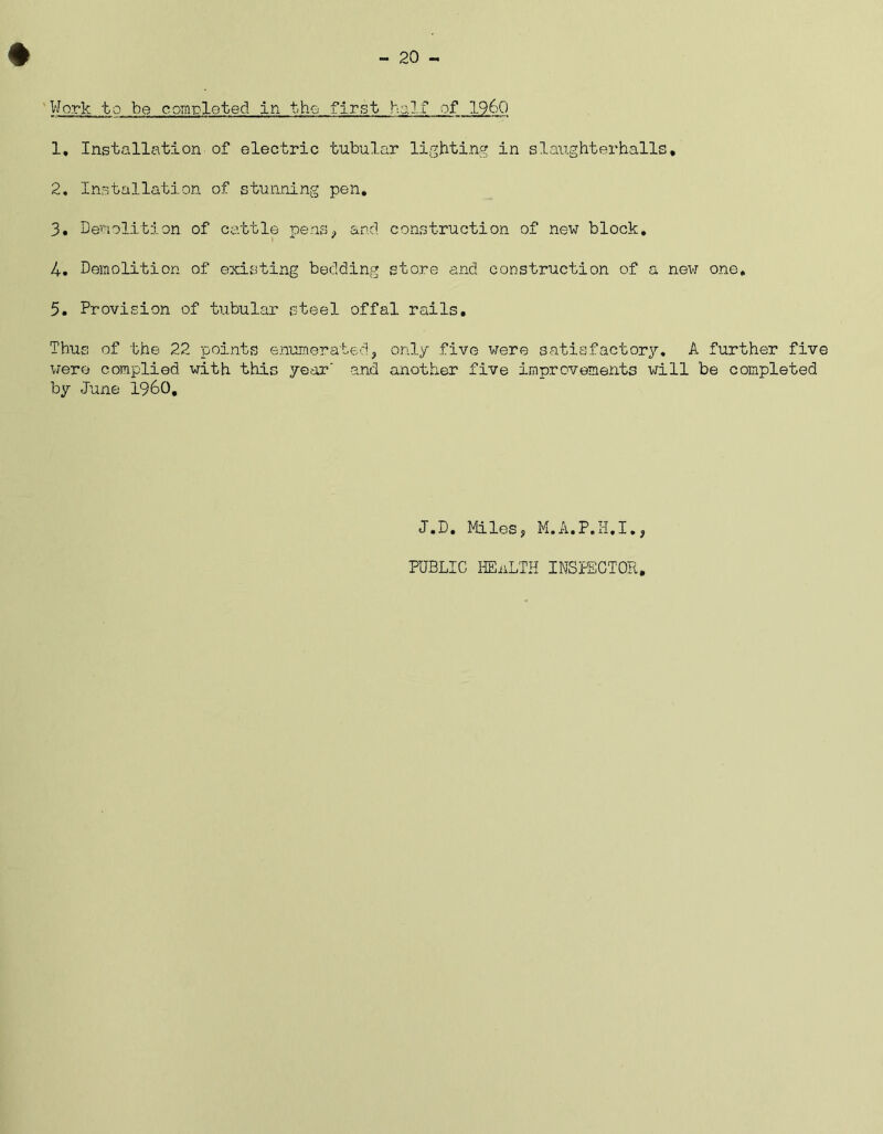 Work to be completed in the first half of I960 1. Installation of electric tubular lighting in slaughterhalls, 2. Installation of stunning pen. 3. Demolition of cattle pens, and construction of new block. 4. Demolition of existing bedding store and construction of a new one. 5. Provision of tubular steel offal rails. Thus of the 22 points enumerated, only five were satisfactory. A further five were complied with this year' and another five improvements will be completed by June I960. J.D. Miles, M.A.P.H.I., PUBLIC HEiiLTH INSPECTOR.