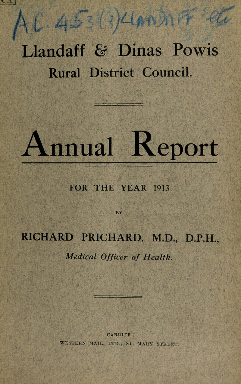 Llandaff & Dinas Powis Rural District Council. Annual Report FOR THE YEAR 1913 BY RICHARD PRICHARD, M.D., D.P.H., Medical Officer of Health. CABDIFF ; WKSTJiKN MAIL, LTD., ST. MAUY STUKET.