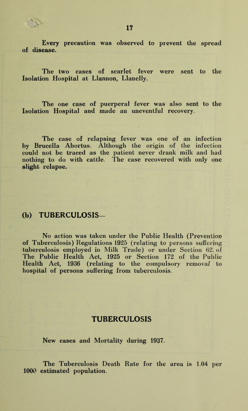 Every precaution was observed to prevent the spread of disease. The two cases of scarlet fever were sent to the Isolation Hospital at Llannon, Llanelly. The one case of puerperal fever was also sent to the Isolation Hospital and made an uneventful recovery. The case of relapsing fever was one of an infection by Brucella Abortus. Although the origin of the infection could not be traced as the patient never drank milk and had nothing to do with cattle. The case recovered with only one slight relapse. (b) TUBERCULOSIS— No action was taken under the Public Health (Prevention of Tuberculosis) Regulations 1925 (relating to persons suffering tuberculosis employed in Milk Trade) or under Section 62. of The Public Health Act, 1925 or Section 172 of the Public Health Act, 1936 (relating to the compulsory removal to hospital of persons suffering from tuberculosis. TUBERCULOSIS New cases and Mortality during 1937. The Tuberculosis Death Rate for the area is 1.04 per 1000 estimated population.