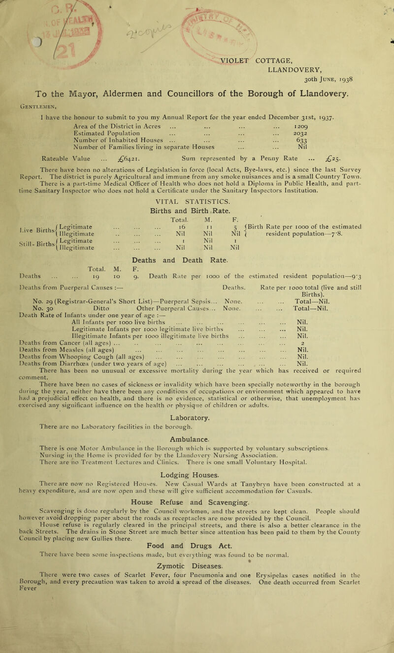 VIOLET COTTAGE, LLANDOVERY, 30th June, 1938 To the Mayor, Aldermen and Councillors of the Borough of Llandovery. Gentlemen, I have the honour to submit to you my Annual Report for the year ended December 31st, 1937. Area of the District in Acres ... ... ... ... 1209 Estimated Population ... ... ... ... 2032 Number of Inhabited Houses ... ... ... ... 633 Number of Families living in separate Houses ... ... Nil Rateable Value ... £6421. Sum represented by a Penny Rate ... £25. There have been no alterations of Legislation in force (local Acts, Bye-laws, etc.) since the last Survey Report. The district is purely Agricultural and immune from any smoke nuisances and is a small Country Town. There is a part-time Medical Officer of Health who does not hold a Diploma in Public Health, and part- time Sanitary Inspector who does not hold a Certificate under the Sanitary Inspectors Institution. Live Births Still - Births f Legitimate \ Illegitimate I Legitimate \ Illegitimate VITAL STATISTICS. Births and Birth Rate. Total. M. F. 16 11 5 Nil Nil Nil 1 Nil 1 Nil Nil Nil (Birth Rate per 1000 of the estimated ( resident population—7-8. Deaths Deaths and Death Rate. Total. M. F. 19 10 9. Death Rate per 1000 of the estimated resident population—9^3 Deaths from Puerperal Causes :— No. 29 (Registrar-General’s Short List) — Puerperal Sepsis.. No. 30 Ditto Other Puerperal Causes.. Death Rate of Infants under one year of age :— All Infants per 1000 live births Legitimate Infants per 1000 legitimate live bir Illegitimate Infants per 1000 illegitimate live b Deaths from Cancer (all ages) ... Deaths from Measles (all ages) Deaths from Whooping Cough (all ages) Deaths from Diarrhoea (under two years of age) There has been no unusual or excessive mortality during the year comment. There have been no cases of sickness or invalidity which have been specially noteworthy in the borough during the year, neither have there been any conditions of occupations or environment which appeared to have had a prejudicial effect on health, and there is no evidence, statistical or otherwise, that unemployment has exercised any significant influence on the health or physique of children or adults. Deaths. Rate per 1000 total (live Births). None. Total—Nil. None. Total—Nil. Nil. hs Nil. rths Nil. 2 Nil. Nil. Nil. nich has received or required Laboratory. There are no Laboratory facilities in the borough. Ambulance. There is one Motor Ambulance in the Borough which is supported by voluntary subscriptions. Nursing in the Home is provided for by the Llandovery Nursing Association. There are no Treatment Lectures and Clinics. There is one small Voluntary Hospital. Lodging Houses. There are now no Registered Houses. New Casual Wards at Tanybryn have been constructed at a heavy expenditure, and are now open and these will give sufficient accommodation for Casuals. House Refuse and Scavenging. Scavenging is done regularly by the Council workmen, and the streets are kept clean. People should however avoid dropping paper about the roads as receptacles are now provided by the Council. House refuse is regularly cleared in the principal streets, and there is also a better clearance in the back Streets. The drains in Stone Street are much better since attention has been paid to them by the County Council by placing new Gullies there. Food and Drugs Act. There have been some inspections made, but everything was found to be normal. « Zymotic Diseases. There were two cases of Scarlet Fever, four Pneumonia and one Erysipelas cases notified in the Borough, and every precaution was taken to avoid a spread of the diseases. One death occurred from Scarlet Fever