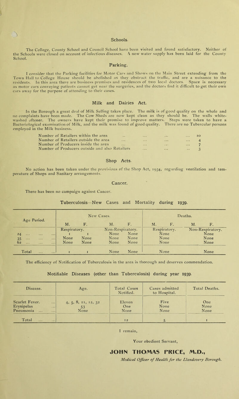 Schools. The College, County School and Council School have been visited and found satisfactory. Neither of the Schools were closed on account of infectious diseases. \ new water supply has been laid for the County School. Parking. I consider that the Parking facilities for Motor Cars and Shows on the Main Street extending from the Town Hall to College House should be abolished as they obstruct the traffic, and are a nuisance to the residents. In this area there are business premises and residences of two local doctors. Space is necessary as motor cars conveying patients cannot get near the surgeries, and the doctors find it difficult to get their own cars away for the purpose of attending to their cases. Milk and Dairies Act. In the Borough a great deal of Milk Selling takes place. The milk is of good quality on the whole and no complaints have been made. The Cow Sheds are now kept clean as they should be. The walls white- washed oftener. The owners have kept their promise to improve matters. Steps were taken to have a Bacteriological examination of Milk, and the milk was found of good quality. There are no Tubercular persons employed in the Milk business. Number of Retailers within the area Number of Retailers outside the area Number of Producers inside the area Number of Producers outside and also Retailers Shop Acts. No action has been taken under the provisions of the Shop Act, 1934, regardiug ventilation and tem- perature of Shops and Sanitary arrangements. 10 4 7 3 Cancer. There has been no campaign against Cancer. Tuberculosis—New Cases and Mortality during 1939. Age Period. M. New F. Cases. M. F. Deaths. M. F. M. F. 24 Respiratory. 1 1 Non-Respiratory. None None Respiratory. None Non-Respiratory. None 35 None None None None None None 62 None None None None None None Total I I None None None None The efficiency of Notification of Tuberculosis in the area is thorough and deserves commendation. Notifiable Diseases (other than Tuberculosis) during year 1939. Disease. Age. Total Cases Notified. Cases admitted to Hospital. Total Deaths. Scarlet Fever. 4, 5, 8, 11, 12, 32 Eleven Five One Erysipelas 53 One None None Pneumonia None None None None Total I 2 5 I I remain, Your obedient Servant, JOHN THOMAS PRICE, M.D., Medical Officer of Health for the Llandovery Borough.
