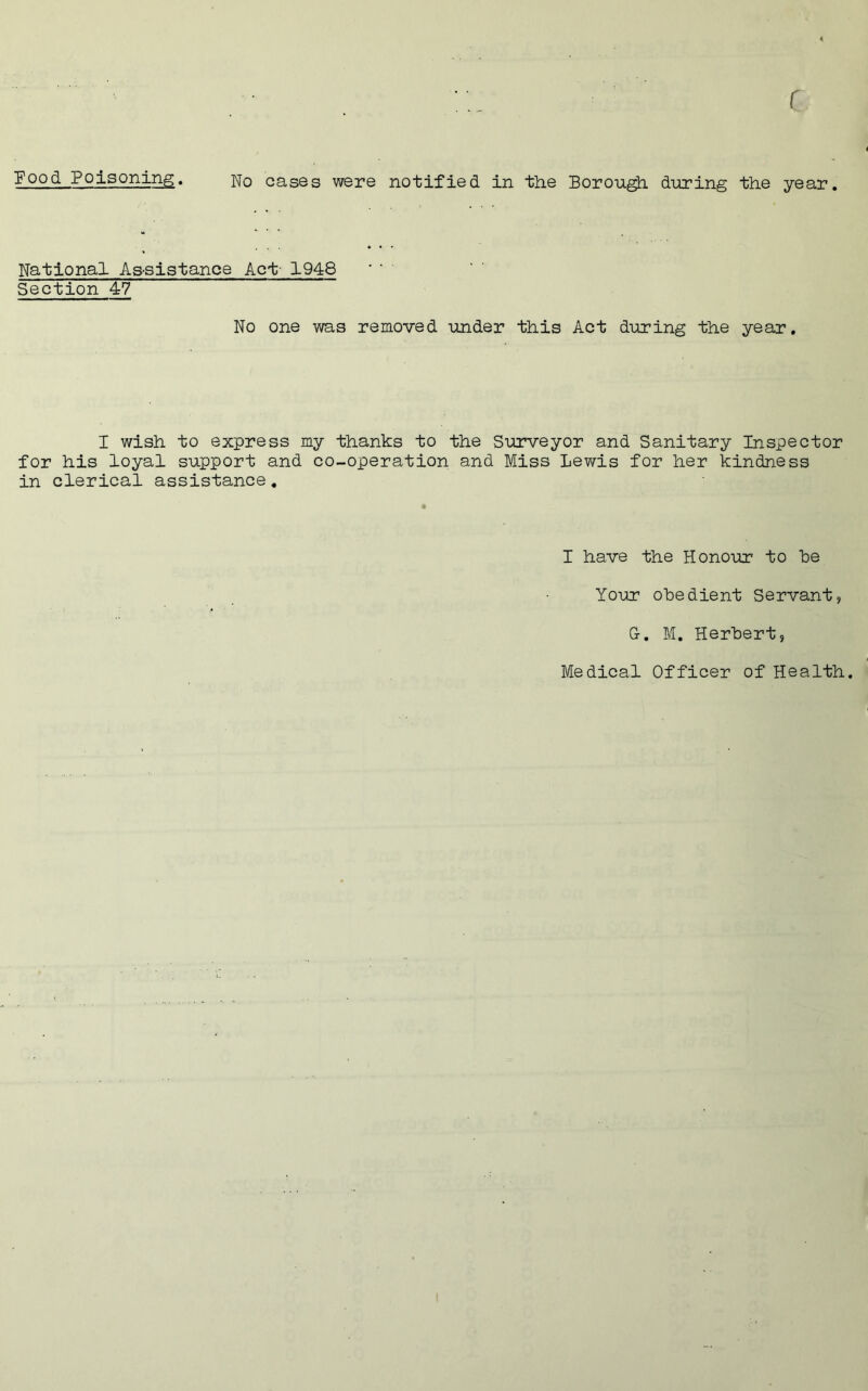 r Food Poisoning. No cases were notified in the Borough during the year. National Assistance Act- 1948 Section 47 No one was removed under this Act during the year. I wish to express my thanks to the Surveyor and Sanitary Inspector for his loyal support and co-operation and Miss Lewis for her kindness in clerical assistance. I have the Honour to he Your obedient Servant, G-. M. Herbert, Medical Officer of Health.