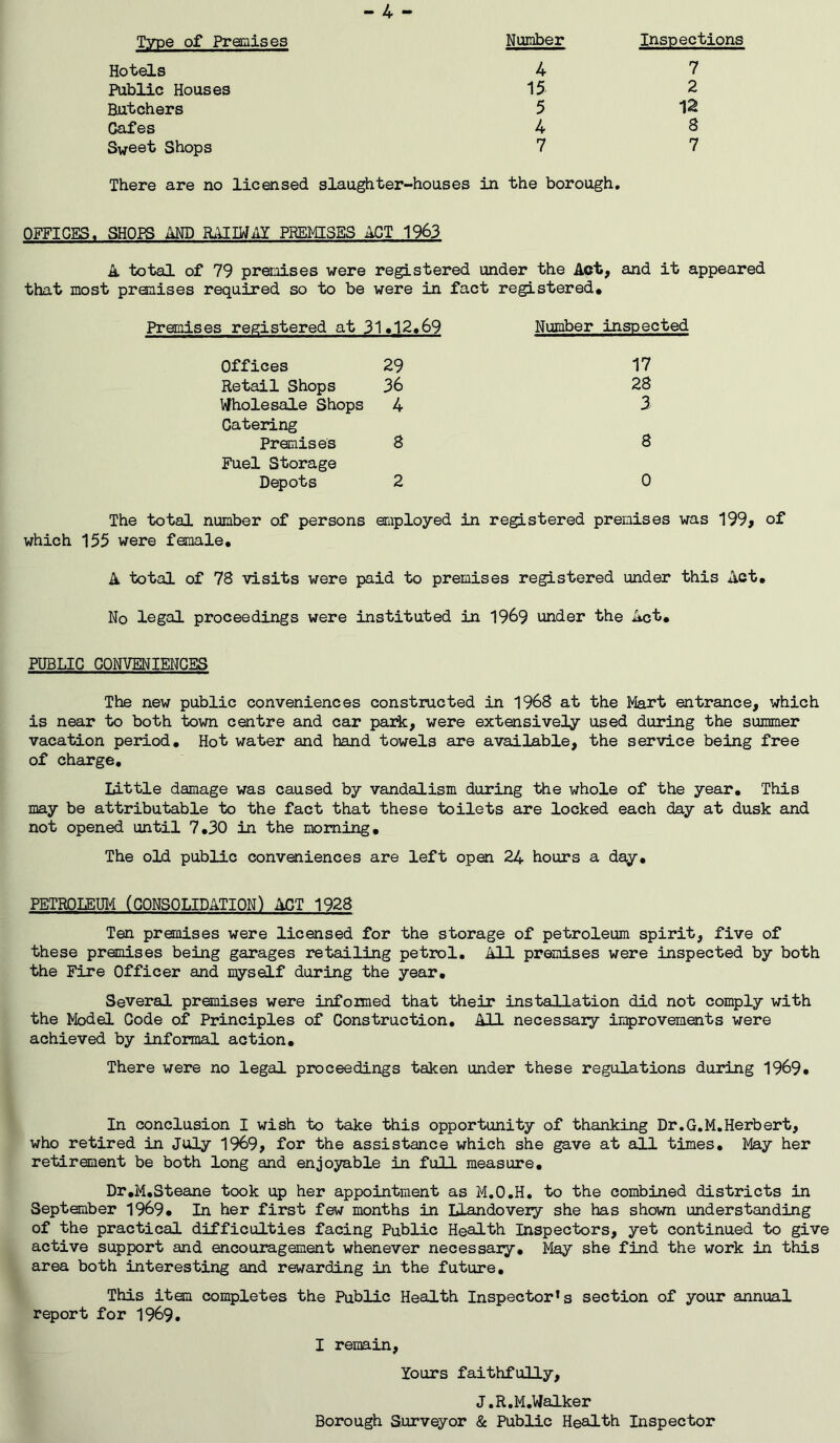 Number Inspections Type of Premises Hotels 4 7 Public Houses 15 2 Butchers 5 12 Cafes 4 8 Sweet Shops 7 7 There are no licensed slaughter-houses in the borough. OFFICES. SHOPS AND RAIIWAY PREMISES ACT 1963 it total of 79 premises were registered under the Act, and it appeared that most premises required so to be were in fact registered* Premises registered at 31*12*69 Number inspected Offices 29 17 Retail Shops 36 28 Wholesale Shops 4 3 Catering Premises 8 8 Fuel Storage Depots 2 0 The total number of persons employed in registered premises was 199, of which 155 were female. A total of 78 visits were paid to premises registered under this Act. No legal proceedings were instituted in 1969 under the Act. PUBLIC CONVENIENCES The new public conveniences constructed in 1968 at the Mart entrance, which is near to both town centre and car park, were extensively used during the summer vacation period. Hot water and band towels are available, the service being free of charge. Little damage was caused by vandalism during the whole of the year. This may be attributable to the fact that these toilets are locked each day at dusk and not opened until 7.30 in the morning. The old public conveniences are left open 24 hours a day. PETROLEUM (CONSOLIDATION) ACT 1928 Ten premises were licensed for the storage of petroleum spirit, five of these premises being garages retailing petrol. All premises were inspected by both the Fire Officer and myself during the year. Several premises were informed that their installation did not comply with the Model Code of Principles of Construction. All necessary improvements were achieved by informal action. There were no legal proceedings taken under these regulations during 1969. In conclusion I wish to take this opportunity of thanking Dr.G.M.Herbert, who retired in July 1969, for the assistance which she gave at all times. May her retirement be both long and enjoyable in full measure. Dr.M.Steane took up her appointment as M.O.H. to the combined districts in September 1969. In her first few months in Llandovery she has shown understanding of the practical difficulties facing Public Health Inspectors, yet continued to give active support and encouragement whenever necessary. May she find the work in this area both interesting and rewarding in the future. This item completes the Public Health Inspector* s section of your annual report for 1969. I remain, Yours faithfully, J.R.M.Walker Borough Surveyor & Public Health Inspector