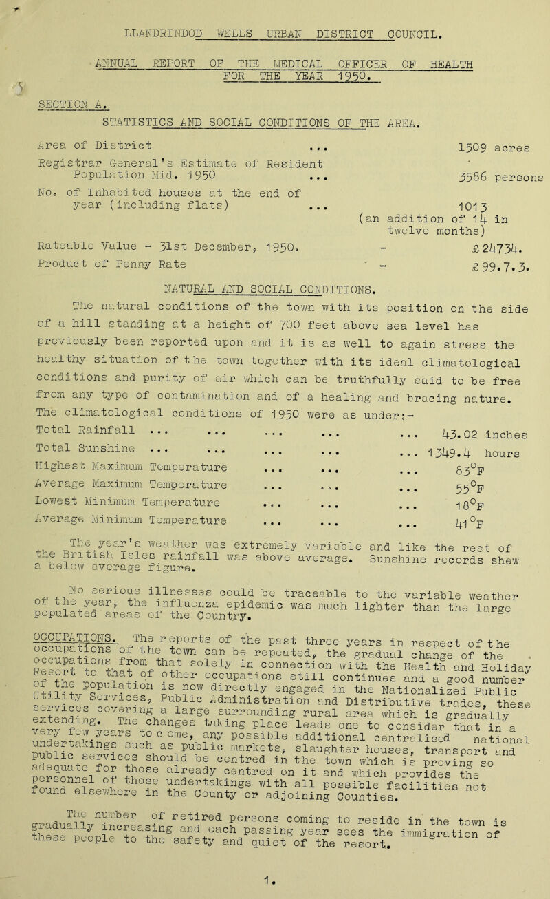 ANNUAL REPORT OP THE MEDICAL OFFICER OF HEALTH FOR THE YEAR 1950. 5 — SECTION A. STATISTICS AND SOCIAL CONDITIONS OF THE AREA. Area of District • • • 1509 acres Registrar General’s Estimate of Resident Population Mid. 1950 No, of Inhabited houses at the • • • end of 3586 person year (including flats) • • • 1013 (an addition of 14 twelve months) in Rateable Value - 31st December, 1950. £ 24734. Product of Penny Rate ' - £99.7.3. NATURAL AND SOCIAL CONDITIONS. The natural conditions of the town with its position on the side of a hill standing at a height of 700 feet above sea level has previously been reported upon and it is as well to again stress the healthy situation of the town together with its ideal climatological conditions and purity of air which can he truthfully said to he free from any type of contamination and of a healing and bracing nature. The climatological conditions of 1950 were as under Total Rainfall ... ... . .. Total Sunshine ... ... ... Highest Maximum Temperature ... ... Average Maximum Temperature ... ... Lowest Minimum Temperature ... ... Average Minimum Temperature ... ... The.year's weather was extremely variable tne British isles rainfall was above average, a below average figure. ... 43.02 inches ... 1349* 4 hours 83°F 55°F ... 18°F ... 41°F and like the rest of Sunshine records shew No serious illnesses could be of the year, the influenza epidemic populated areas of the Country. traceable to the variable vi/eather was much lighter than the large occuu^tT-pTf'a r+P°rts °fn the past three Years in respect of the accu^tiono be repeated> gradual change of the Reportto thltofy in connection with the Health and Holiday Report to that of other occupations still continues and a good number is now directly engaged in the Nationalized Public .Lublic Administration and Distributive trades, these a large surrounding rural area which is gradually changes taking place leads one to consider that in a 0 c ome, any possible additional centralised national of the population Utility Services, services covering extending. The very few years undertc,-ving^ such as public markets, slaughter houses, transport public services should be centred in the town which is proving so personnel*0? thof alNa2l ?entred on n ana which provides the P-r^onnel o± those undertakings with all possible facilities not found elsewhere in the County or adjoining Counties? md Tae number of retired persons coming gradually increasing and each passing year these people to the safety and quiet of the to reside in the town is sees the immigration of resort..