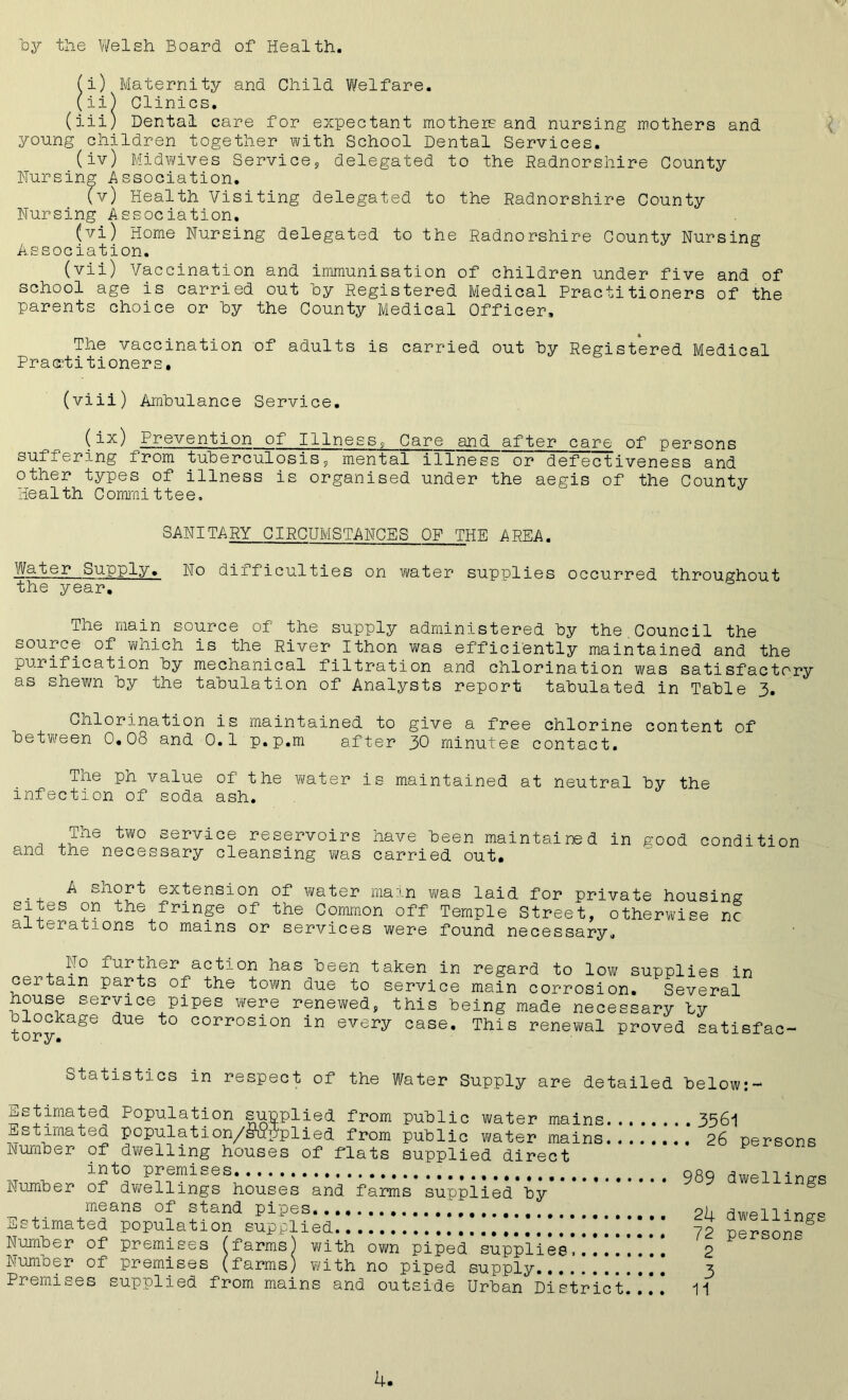 “by the Welsh Board of Health. (i) Maternity and Child Welfare. (ii) Clinics. (iii) Dental care for expectant mothers and nursing mothers and young children together with School Dental Services. (iv) Midwives Service, delegated to the Radnorshire County Nursing Association. (v) Health Visiting delegated to the Radnorshire County Nursing Association. (vi) Home Nursing delegated to the Radnorshire County Nursing Association. (vii) Vaccination and immunisation of children under five and of school age is carried out hy Registered Medical Practitioners of the parents choice or hy the County Medical Officer, The vaccination of adults is carried out hy Registered Medical Practitioners. (viii) Ambulance Service. (ix) Prevention of Illness, Care and after care of persons suffering from tuberculosis, mental illness or defectiveness and other types of illness is organised under the aegis of the Countv Health Committee. SANITARY CIRCUMSTANCES OF THE AREA. Water Supply. No difficulties on water supplies occurred throughout the year. The main source of the supply administered by the.Council the source of which is the River Ithon was efficiently maintained and the purification by mechanical filtration and chlorination was satisfactory as shewn by the tabulation of Analysts report tabulated in Table 3. Cnlorination is maintained to give a free chlorine content of between 0.08 and 0.1 p.p.m after 30 minutes contact. The ph value of the water is maintained at neutral by the infection of soda ash. and The two service reservoirs have been maintained in good condition the necessary cleansing was carried out. snort extension of water main was laid for private housing sites on the fringe of the Common off Temple Street, otherwise nc alterations to mains or services were found necessary. No further action has been taken in regard to low supplies in certain parts of the town due to service main corrosion. Several house service pipes were renewed, this being made necessary by oc age due to corrosion in every case. This renewal proved satisfac- Statistics in respect of the Water Supply are detailed below:- Estimated Population supplied from public water mains Estimated population/supplied from public water mains Number of dwelling houses of flats supplied direct into premises Number of dwellings houses and farms supplied*by means of stand pipes Estimated population supplied !.!!!!!*.!!!.*!!.*! Number of premises (farms) with own piped* supplies! !!!!*.!*.! Number of premises (farms) with no piped supply !][ Premises supplied from mains and outside Urban District!!.*.* . 3361 . 26 persons 989 dwellings 24 dwellings 72 persons 2 3 11