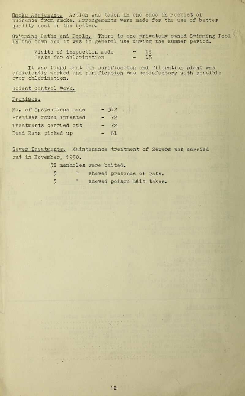nuisance from smoke. Arrangements were made for the use of better quality coal in the boiler. Swimming Baths and Pools. ■ There is one privately owned Swimming Pool in~the town and it was in general use during the summer period. Visits of inspection made - 15 Tests for chlorination - 15 It was found that the purification and filtration plant was efficiently worked and purification was satisfactory with possible over chlorination. Rodent Control Work. Premises. No. of Inspections made - 312 Premises found infested - 72 Treatments carried out - 72 Dead Rats picked up - 61 Sewer Treatments. Maintenance treatment of Sevi/ers was carried out in Novembers 1950. 52 manholes were baited. 5 ” shewed presence of rats. 5  shewed poison bdit takes. 12