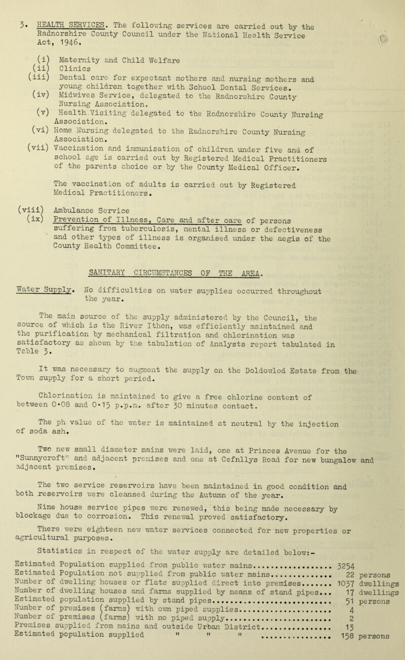 3* HEALTH SERVICES. The following services are carried out by the Radnorshire County Council under the National Health Service Act, 1946. (i) Maternity and Child Welfare (ii) Clinics (iii) Dental care for expectant mothers and nursing mothers and young children together with School Dental Services. (iv) Midwives Service, delegated to the Radnorshire County Nursing Association. (v) Health.Visiting delegated to the Radnorshire County Nursing Association. (vi) Home Nursing delegated to the Radnorshire County Nursing Association. (vii) Vaccination and immunisation of children under five and of school age is carried out by Registered Medical Practitioners of the parents choice or by the County Medical Officer. The vaccination of adults is carried out by Registered Medical Practitioners. (viii) Ambulance Service (ix) Prevention of Illness, Care and after care of persons suffering from tuberculosis, mental illness or defectiveness and other types of illness is organised under the aegis of the County Health Committee. SANITARY CIRCUMSTANCES OF THE AREA. Water Supply. No difficulties on water supplies occurred throughout the year. The main source of the supply administered by the Council, the source of which is the River Ithon, was efficiently maintained and the purification by mechanical filtration and chlorination was satisfactory as shown by the tabulation of Analysts report tabulated in Table 3. It was necessary to augment the supply on the Doldowlod Estate from the Town supply for a short period. Chlorination is maintained, to give a free chlorine content of betv/een 008 and 0*15 p.p.m. after 30 minutes contact. The ph value of the water is maintained at neutral by the injection of soda ash. Two new small diameter mains were laid, one at Princes Avenue for the Sunnycroit1, ana adjacent premises and one at Cefnllys Road for new bungalow and adjacent premises. The two service reservoirs have been maintained in good condition and both reservoirs were cleansed during the Autumn of the year. Nine house service pipes were renewed, this being made necessary by blockage due to corrosion. This renewal proved satisfactory. There were eighteen new water services connected for new properties or agricultural purposes. Statistics in respect of the water supply are detailed below:- Estimated Population supplied from public water mains 3254 Estimated Population not supplied from public water mains.... 22 persons Number of dwelling houses or flats supplied direct into premises IO37 dwellings Number of dwelling houses and farms supplied by means of stand pipes... 17 dwellings Hctimated population supplied by stand pipes..........91 persons Number of premises (farms) with own piped supplies 4 Number of premises (farms) with no piped supply 2 Premises supplied from mains and outside Urban District 13