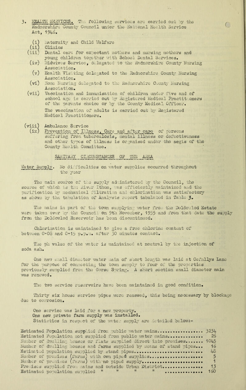 Radnorshire County Council under the National Health Service Act, 1946. (i) Maternity and Child Welfare (ii) Clinics (iii) Dental care for expectant mothers and nursing mothers and young children together with School Dental Services. (iv) Midwives Service, delegated to the Radnorshire County Nursing Association. (v) Health Visiting delegated to the Radnorshire County Nursing Association. (vi) Homo Nursing delegated to the Radnorshire County Nursing Association. (vii) Vaccination and immunisation of children under five and of school age is carried out by Registered Medical Practit oners of the parents choice or by the County Medical Officer. The vaccination of adults is carried out by Registered Medical Practitioners. (viiij Ambulance Service (ix) Prevention of Illness, Care and j^ftor care of persons suffering from tuberculosis, mental illness or defectiveness and other types of illness is organised under the aegis of the County Health Committee. SANITARY CIRCUMSTANCES _ OP THE! ANNA 'Rater Supply. No difficulties on water supplies occurred throughout the year The main source of the supply administered by the Council, the source of which is t.’.e xtiv^r Ithon, was efficiently maintained and the purification by mechanical filtration and chlorination was satisfactory as shown by the tabulation of Analysts report tabulated in Table The mains in part of the town supplying water fro- the Doldovlod Estate were taken over by the Council on 9th November, 1955 and from that date the supply frail the Doldowlod Reservoir has been discontinued. Chlorination is maintained to give a free chlorine content of between 0*08 and 0*15 p.p.m. after 30 minutes contact. The ph value of the water is maintained at neutral by the injection of soda ash. One new small diameter water main of short length was laid at Cefnllys Lane for the purpose of connecting the town supply to four of the properties previously supplied from the Corse Spring. A short section small diameter main was renewed. The two service reservoirs have been maintained in good condition. Thirty six house service pipes were renewed, this being necessary by blockage due to corrosion. One service Was laid for a new property. One new private farm supply was installed. Statistics in respect of the water supply are detailed below:- Estimated Population supplied from public water mains 3234 Estimated Population not supplied from public water mains.. 2b Number of dwelling houses or fiats supplied direct into premises 1045 Number of dwelling houses and farms supplied bgr means of stand pipes... 1o Estimated population supplied by stand pipes 48 Number of premises (farms) with own piped supplie 5 Number of premises (farms) withno piped supply. •••••••• 1 Premises supplied from mains and outside Urban District 13 Estimated population supplied    ” IbO