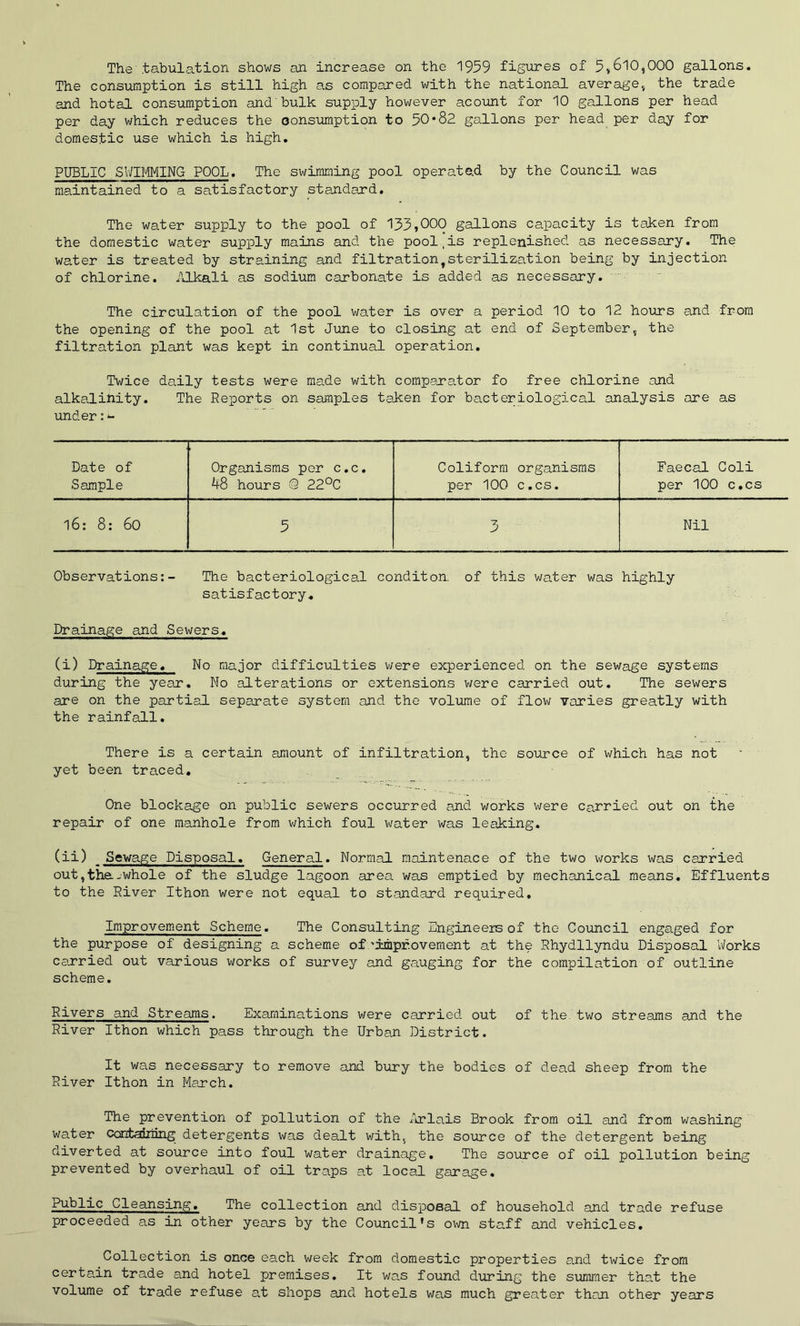 The .tabulation shows an increase on the 1959 figures of 5,610,000 gallons. The consumption is still high as compared with the national average, the trade and hotal consumption and bulk supply however acount for 10 gallons per head per day which reduces the consumption to 50*82 gallons per head per day for domestic use which is high. PUBLIC SWIMMING POOL. The swimming pool operated by the Council was maintained to a satisfactory standard. The water supply to the pool of 133,000 gallons capacity is taken from the domestic water supply mains and the pool,is replenished as necessary. The water is treated by straining and filtration,sterilization being by injection of chlorine. Alkali as sodium carbonate is added as necessary. The circulation of the pool water is over a period 10 to 12 hours and from the opening of the pool at 1st June to closing at end of September, the filtration plant was kept in continual operation. Twice daily tests were made with comparator fo free chlorine and alkalinity. The Reports on samples taken for bacteriological analysis are as under: *- Date of Organisms per c.c. Coliform organisms Faecal Coli Sample 48 hours © 22°C per 100 c.cs. per 100 c.cs OO CT\ O 5 3 Nil Observations:- The bacteriological conditon. of this water was highly satisfactory. Drainage and Sewers. (i) Drainage. No major difficulties were experienced on the sewage systems during the year. No alterations or extensions were carried out. The sewers are on the partial separate system and the volume of flow varies greatly with the rainfall. There is a certain amount of infiltration, the source of which has not yet been traced. One blockage on public sewers occurred and works were carried out on the repair of one manhole from which foul water was leaking. (ii) Sewage Disposal. General. Normal maintenace of the two works was carried out,the.-whole of the sludge lagoon area was emptied by mechanical means. Effluents to the River Ithon were not equal to standard required. Improvement Scheme. The Consulting Engineers of the Council engaged for the purpose of designing a scheme of 'improvement at the Rhydllyndu Disposal Works carried out various works of survey and gauging for the compilation of outline scheme. Rivers and Streams. Examinations were carried out of the two streams and the River Ithon which pass through the Urban District. It was necessary to remove and bury the bodies of dead sheep from the River Ithon in March. The prevention of pollution of the Arlais Brook from oil and from washing water containing detergents was dealt with, the source of the detergent being diverted at source into foul water drainage. The source of oil pollution being prevented by overhaul of oil traps at local garage. Public Cleansing. The collection and disposal of household and trade refuse proceeded as in other years by the Council’s own staff and vehicles. Collection is once each week from domestic properties and twice from certain trade and hotel premises. It was found during the summer that the volume of trade refuse at shops and hotels was much greater than other years