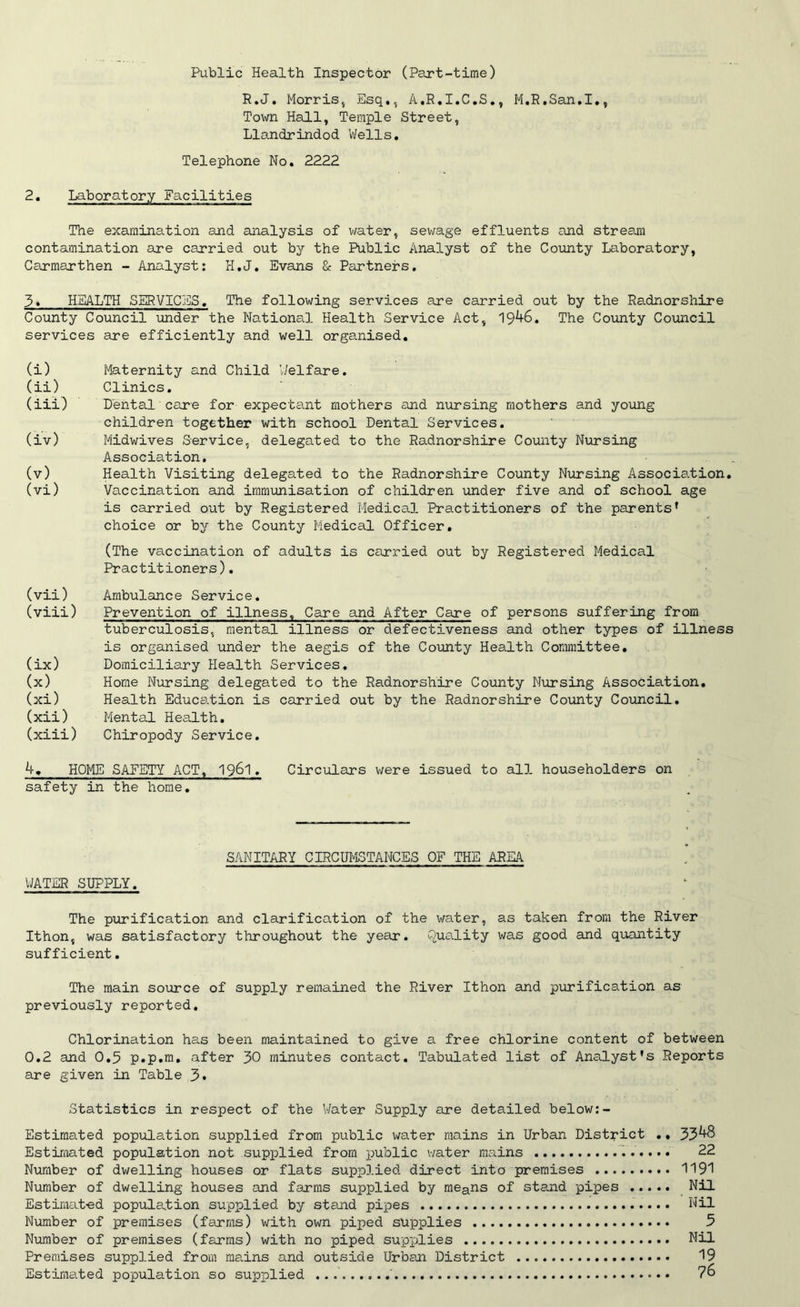 Public Health Inspector (Part-time) R.J. Morris, Esq., A.R.I.C.S., M.R.San.I., Town Hall, Temple Street, Llandrindod Wells. Telephone No. 2222 2. Laboratory Facilities The examination and analysis of water, sewage effluents and streajn contamination are carried out by the Public Analyst of the County Laboratory, Carmarthen - Analyst: H.J. Evans & Partners. 3. HEALTH SERVICES. The following services are carried out by the Radnorshire County Council under the National Health Service Act, 1946. The County Council services are efficiently and well organised. (i) Maternity and Child Welfare. (ii) Clinics. (iii) Dental care for expectant mothers and nursing mothers and young children together with school Dental Services. (iv) Midwives Service, delegated to the Radnorshire County Nursing Association. (v) Health Visiting delegated to the Radnorshire County Nursing Association. (vi) Vaccination and immunisation of children under five and of school age is carried out by Registered Medical Practitioners of the parents' choice or by the County Medical Officer. (The vaccination of adults is carried out by Registered Medical Practitioners). (vii) Ambulance Service. (viii) Prevention of illness. Care and After Care of persons suffering from tuberculosis, mental illness or defectiveness and other types of illness is organised under the aegis of the County Health Committee. (ix) Domiciliary Health Services. (x) Home Nursing delegated to the Radnorshire County Nursing Association. (xi) Health Education is carried out by the Radnorshire County Council. (xii) Mental Health. (xiii) Chiropody Service. 4. HOME SAFETY ACT, 1961. Circulars were issued to all householders on safety in the home. SANITARY CIRCUMSTANCES OF THE AREA WATER SUPPLY. The purification and clarification of the water, as taken from the River Ithon, was satisfactory throughout the year. Quality was good and quantity sufficient. The main source of supply remained the River Ithon and purification as previously reported. Chlorination has been maintained to give a free chlorine content of between 0.2 and 0.5 p.p.m, after 30 minutes contact. Tabulated list of Analyst's Reports are given in Table 3. Statistics in respect of the Water Supply are detailed below:- Estimated population supplied from public water mains in Urban District .. 3348 Estimated population not supplied from public water mains 22 Number of dwelling houses or flats supplied direct into premises 1191 Number of dwelling houses and farms supplied by means of stand pipes Nil Estimated population supplied by stand pipes Nil Number of premises (farms) with own piped supplies 3 Number of premises (farms) with no piped supplies Nil Premises supplied from mains and outside Urban District 19 Estimated population so supplied ' • •