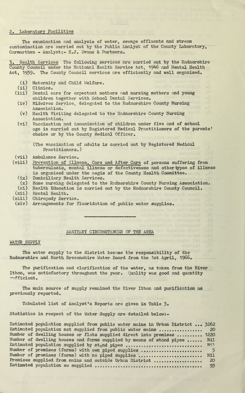 The examination and analysis of water, sewage effluents and stream contamination are carried out by the Public Analyst of the County Laboratory, Carmarthen - Analyst:- H.J. Evans & Partners. 5. Health Services The following services are carried out by the Radnorshire County Council under the National Health Service Act, 19^6 and Mental Health Act, 1959. The County Council services acre efficiently and well organised. (i) Maternity and Child Welfare. (ii) Clinics. (iii) Dental care for expectant mothers and nursing mothers and young children together with School Dental Services. (iv) Midwives Service, delegated to the Radnorshire County Nursing Association. (v) Health Visiting delegated to the Radnorshire County Nursing Association. (vi) Vaccination and immunisation of children under five and of school age is carried out by Registered Medical Practitioners of the parents' choice or by the County Medical Officer. (The vaccination of adults is carried out by Registered Medical Practitioners.) (vii) Ambulance Service. (viii) Prevention of illness, Care and After Care of persons suffering from tuberculosis, mental illness or defectiveness and other types of illness is organised under the aegis of the County Health Committee. (ix) Domiciliary Health Services. (x) Home nursing delegated to the Radnorshire County Nursing Association, (xi) Health Education is carried out by the Radnorshire County Council. (xii) Mental Health. (xiii) Chiropody Service. (xiv) Arrangements for fluoridation of public water supplies. SANITARY CIRCUMSTANCES OF THE AREA WATER SUPPLY The water supply to the district become the responsibility of the Radnorshire and North Breconshire Water Board from the 1st April, 1966. The purification and clarification of the water, as taken from the River Ithon, was satisfactory throughout the year. Quality was good and quantity efficient • The main source of supply remained the River Ithon and purification as previously reported. Tabulated list of Analyst's Reports are given in Table 3« Statistics in respect of the Water Supply are detailed below:- Estimated population supplied from public water mains in Urban District ... 3262 Estimated population not supplied from public water mains 20 Number of dwelling houses or flats supplied direct into premises 1220 Number of dwelling houses and farms supplied by means of stand pipes Nil Estimated population supplied by stand pipes Ni”1 Number of premises (farms-) with own piped supplies 3 Number of premises (farms) with no piped supplies ’. Nil Premises supplied from mains and outside Urban District 20 Estimated population so supplied 95