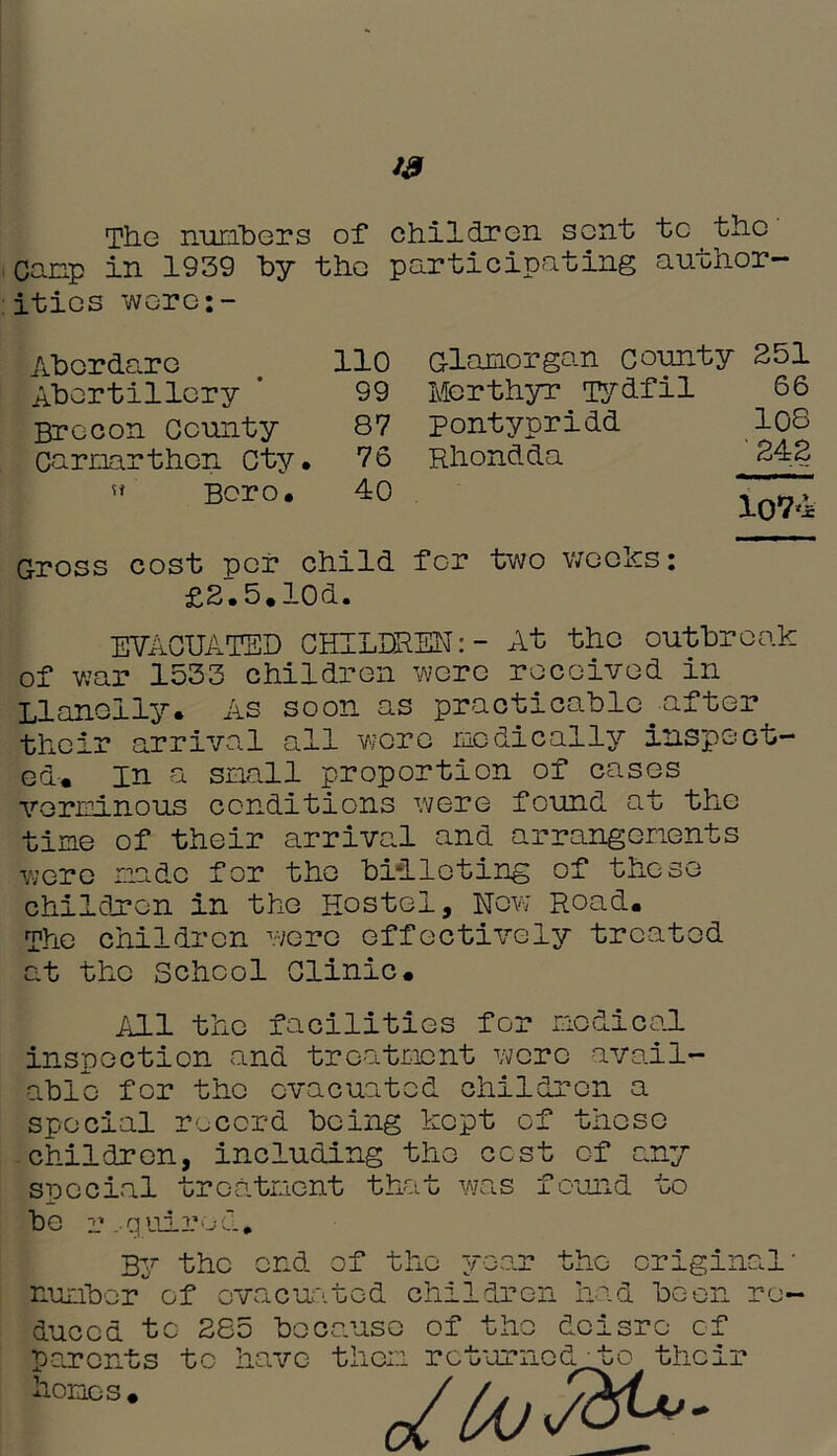 The numbers of children sent be the Canp in 1939 by the participating author- ities were;- Abordare 110 Glamorgan county 251 Abertillory 99 Merthyr Tydfil 66 Brecon County 87 Pontypridd 108 Carmarthen Cty. 76 Rhondda 242 » Boro. 40 1074 Gross cost pci* child for two weeks: £2.5.l0d. EVACUATED CHILDREN:- At the outbreak of war 1533 children were received in Llanelly. As soon as practicable;after tlieir arrival all wore medically inspect- ed-. In a small proportion of cases verminous conditions were found at the time of their arrival and arrangements were made for the billeting of those children in the Hostel, Now Road. The children were effectively treatod at the School Clinic. All the facilities for medical inspection and treatment were avail- able for the evacuated children a special record being kept of these children, including the cost of any special treatment that was found to be inquired. By the end of the year the original- number of evacuated children had been re- duced to 285 because of the dcisre cf parents to have then roturnod^to their