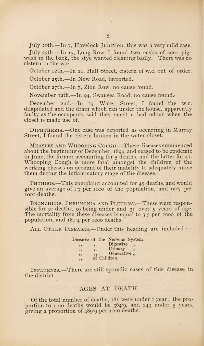 July 20th.—In 7, Havelock Junction, this was a very mild case. July 25th.—In 15, Long Row, I found two casks of sour pig¬ wash in the back, the stye wanted cleaning badly. There was no cistern in the w.c. October 12th.—In 21, Hall Street, cistern of w.c. out of order. October 25th.—In New Road, imported. October 27th.—In 7, Zion Row, no cause found. November 12th.—In 94, Swansea Road, no cause found. December 2nd.—In 19, Water Street, I found the w.c. dilapidated and the drain which ran under the house, apparently faulty as the occupants said they smelt a bad odour when the closet is made use of. Diphtheria.—One case was reported as occurring in Murray Street, I found the cistern broken in the water-closet. Measles and Whooping Cough.—These diseases commenced about the beginning of December, 1894, and ceased to be epidemic in June, the former accounting for 5 deaths, and the latter for 41. Whooping Cough is more fatal amongst the children of the working classes on account of their inability to adequately nurse them during the inflammatory stage of the disease. Phthisis.—This complaint accounted for 45 deaths, and would give an average of 17 per 1000 of the population, and 907 per 1000 deaths. Bronchitis, Pneumonia and Pleurisy.—These were respon¬ sible for 90 deaths, 59 being under and 31 over 5 years of age. The mortality from these diseases is equal to 37 per 1000 of the population, and 181*4 Per 1000 deaths. All Other Diseases.—Under this heading are included :— Diseases of the Nervous System. ,, ,, Digestive ,, ,, ,, Urinary ,, ,, Generative ,, ,, of Children. Influenza.—There are still sporadic cases of this disease in the district. AGES AT DEATH. Of the total number of deaths, 181 were under 1 year ; the pro¬ portion to 1000 deaths would be 364*9, and 243 under 5 years, giving a proportion of 489*9 per 1000 deaths.