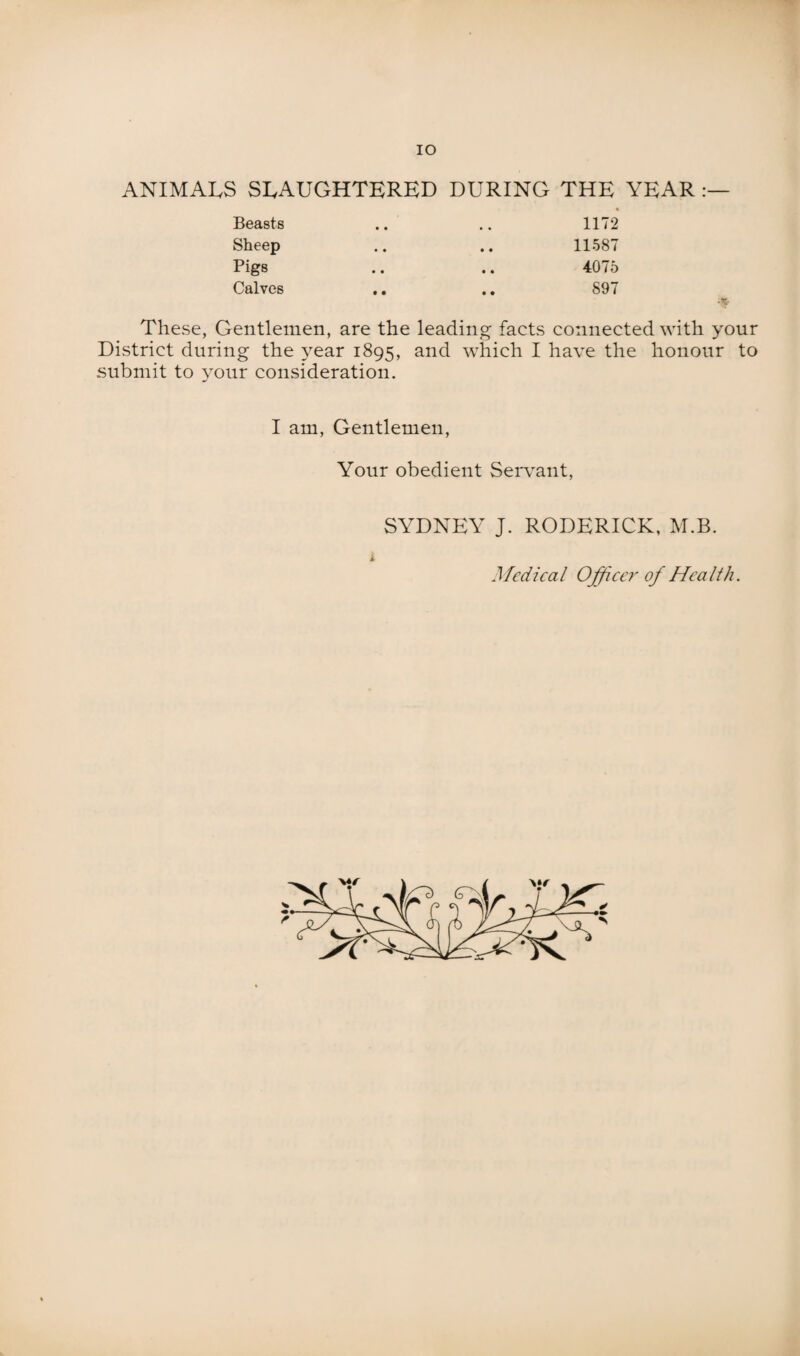 IO ANIMALS SLAUGHTERED DURING THE YEAR 1172 11587 4075 897 ■X- These, Gentlemen, are the leading facts connected with your District during the year 1895, and which I have the honour to submit to your consideration. I am, Gentlemen, Your obedient Servant, SYDNEY J. RODERICK, M.B. i Med ica l Officer of Hea l tli. Beasts Sheep Pigs Calves